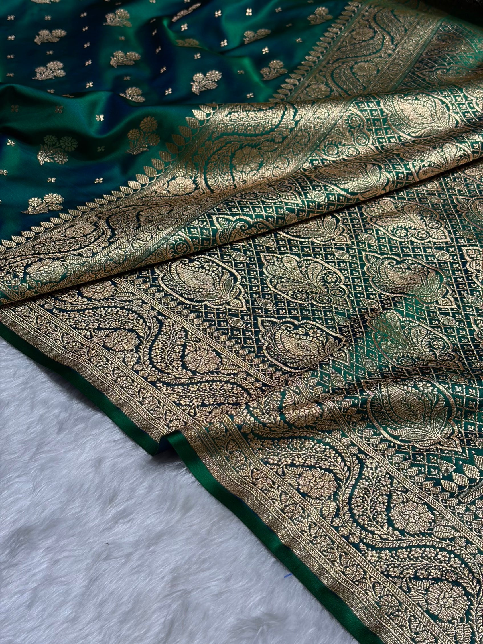 Cross Green Floral Unique Boota Pattern Satin Katan Silk Saree SK73