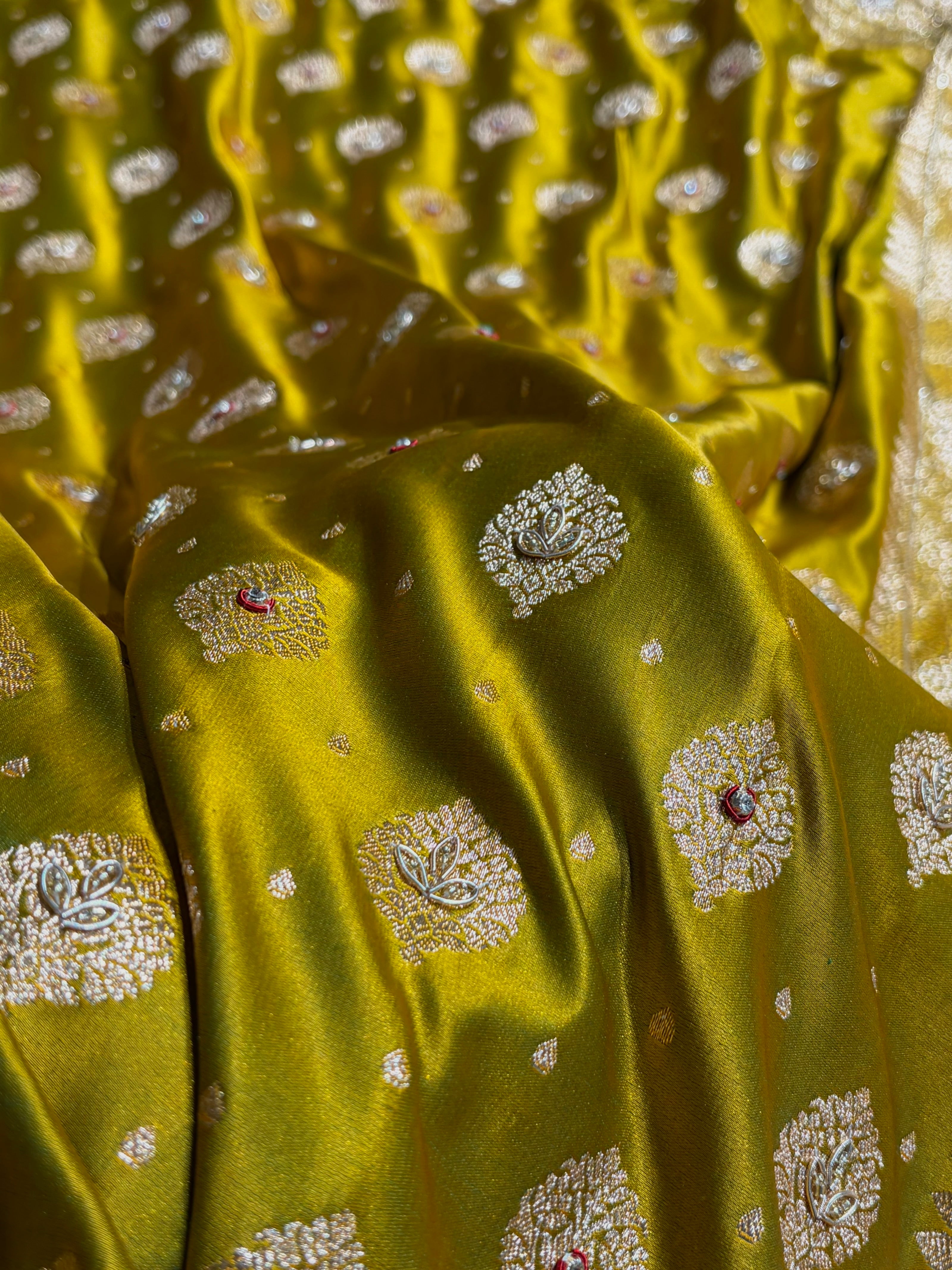 Bridal Mehendi Unique Boota Pattern With Stone & Ari Work Satin Katan Silk Saree BSK69