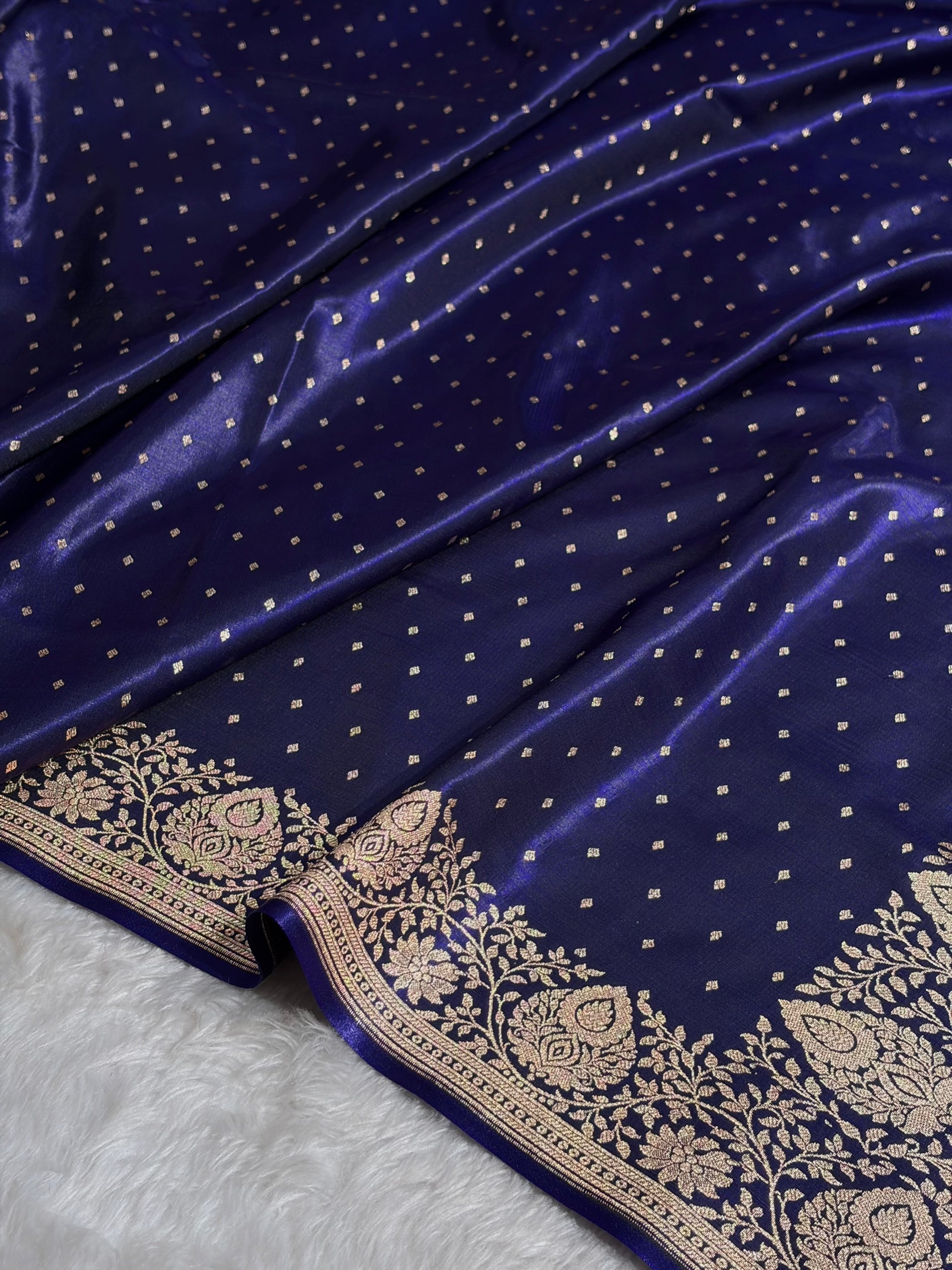 Satin Silk Saree Floral Boota in Royal Blue Shades SS28