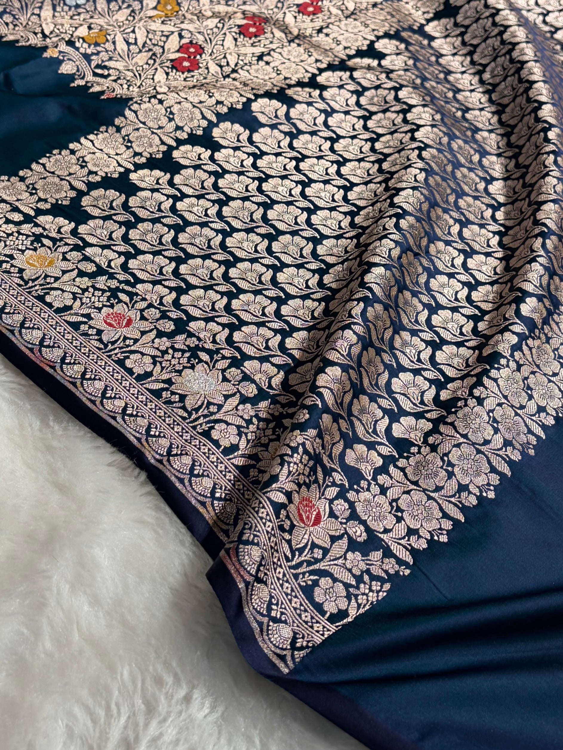 Dark Peacock Shades Banarasi Minakari Boota Skirt Pattern Floral Mashru Silk Saree MSM-116