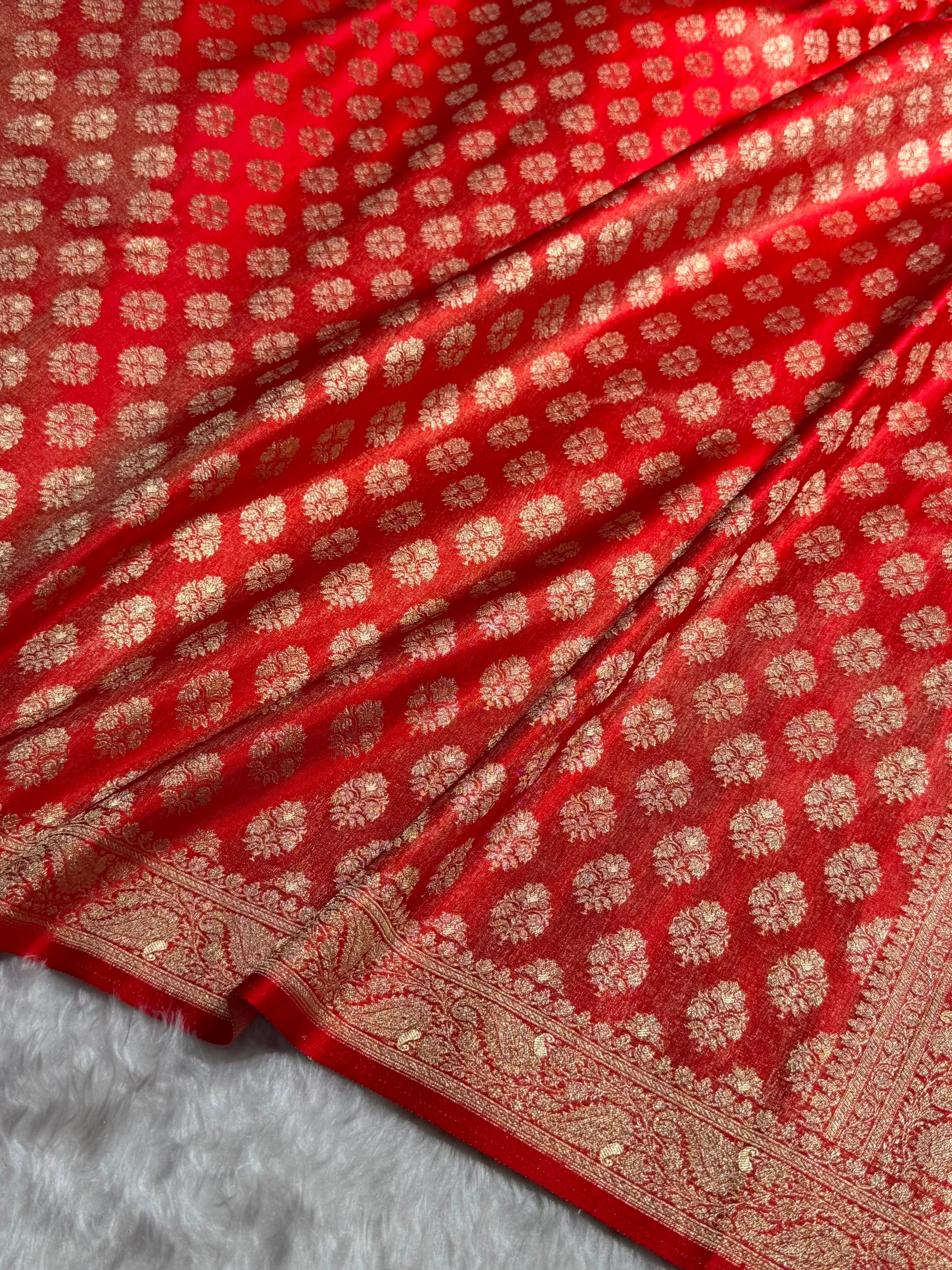 Banarasi Cross Red Shades Satin Tissue Silk Saree In Booti motif ST01