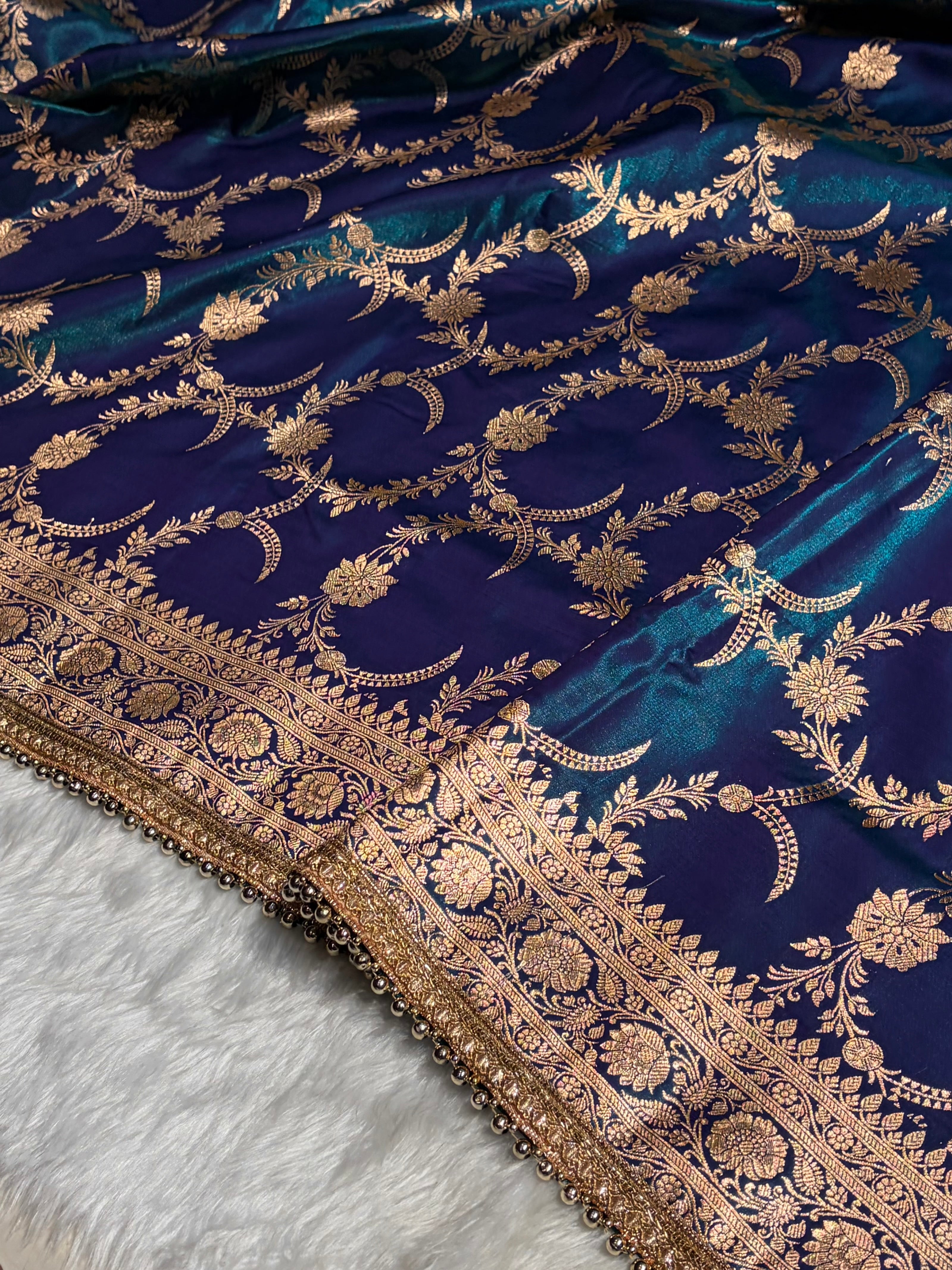 Satin Silk Banarasi Jaal In Peacock Shades With Gotta Patti SSGP18