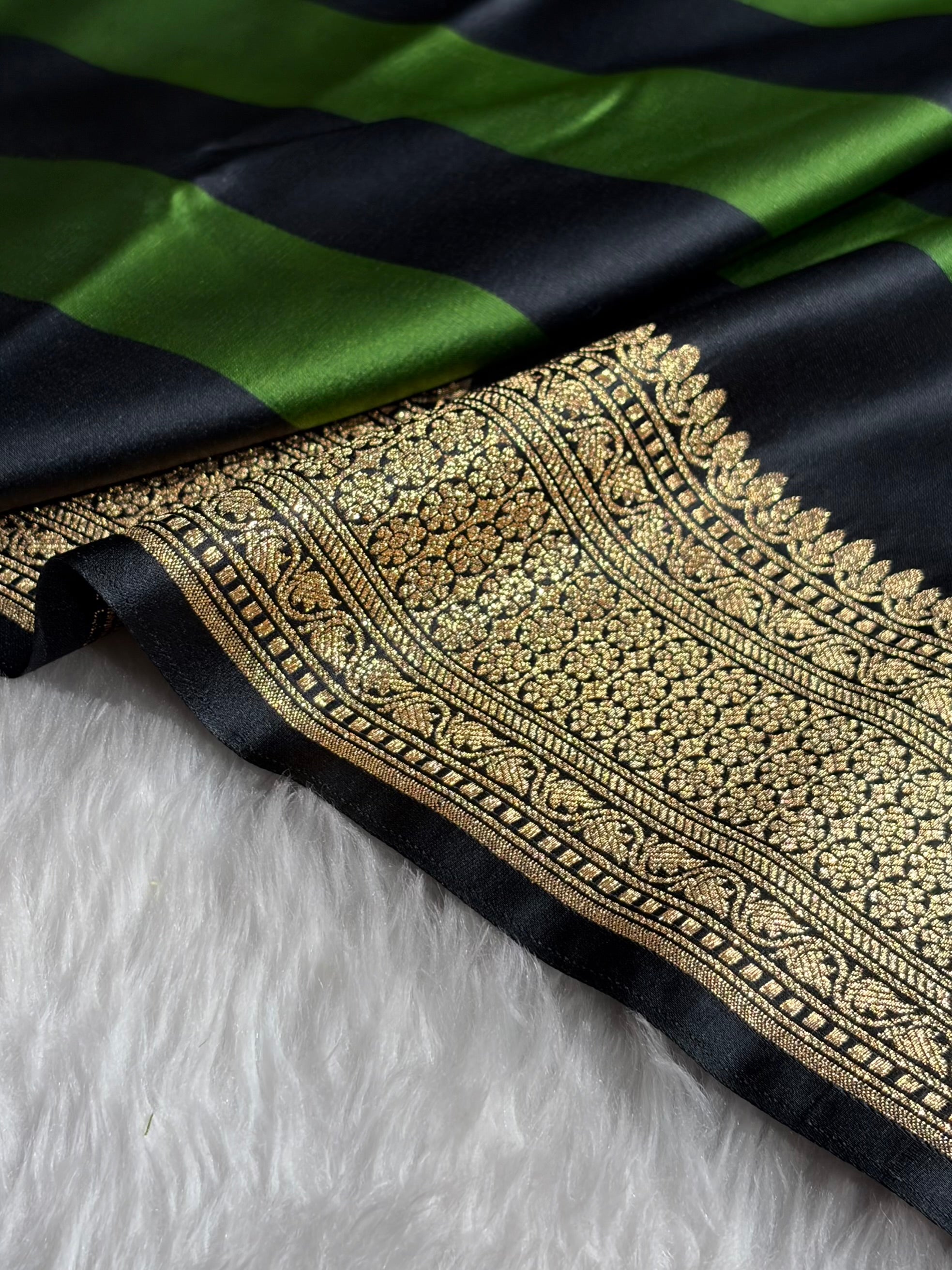 Bottle Green With Black Horizontal Strips Floral Border & Brocade Blouse Mashru Silk Saree MSM-84