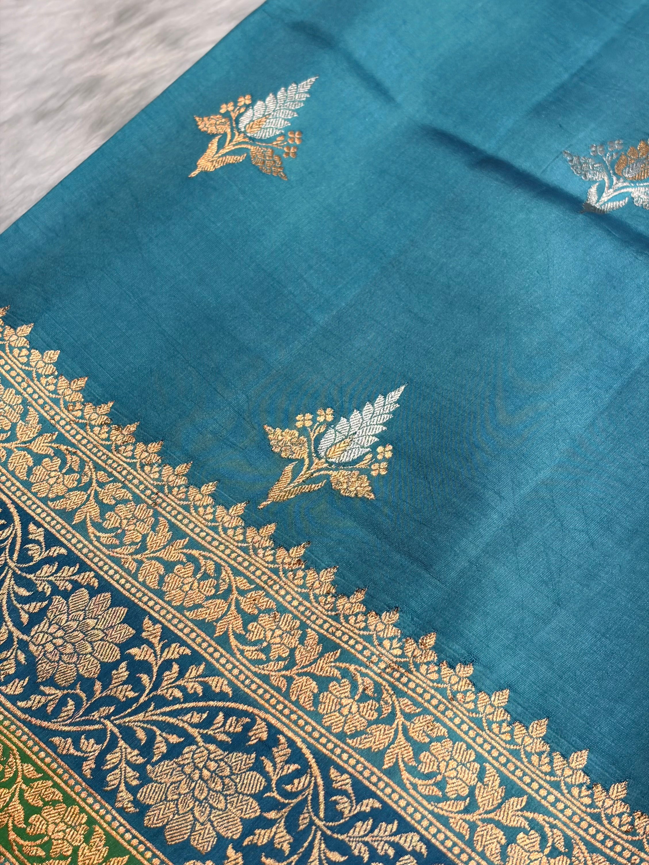 Firozi Shades Boota Handwoven Pure Katan Raw Mango Silk RM-18