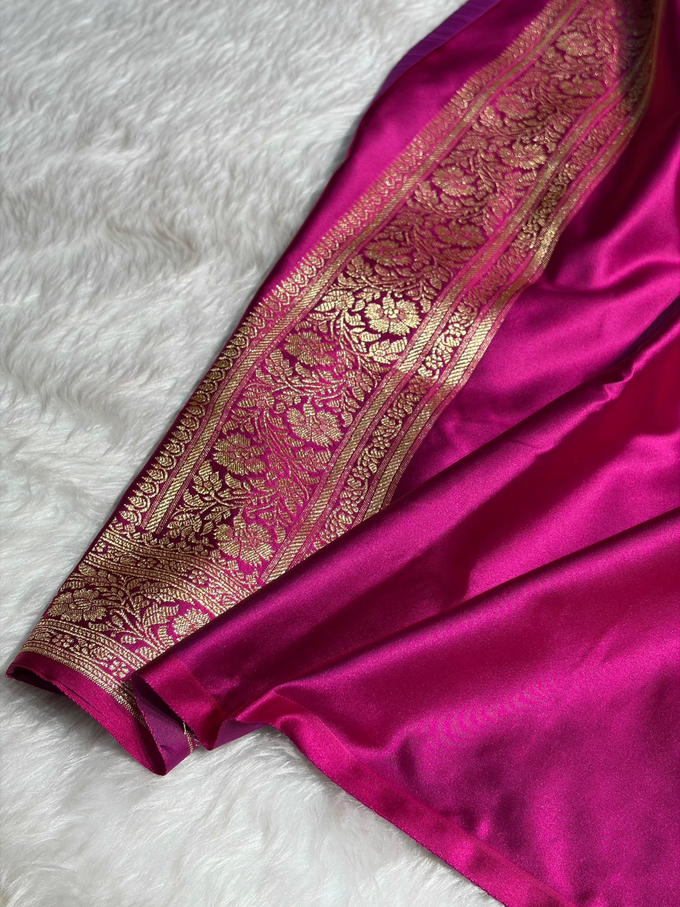 Cross Magenta Booti Pattern Satin Katan Silk Saree SK65
