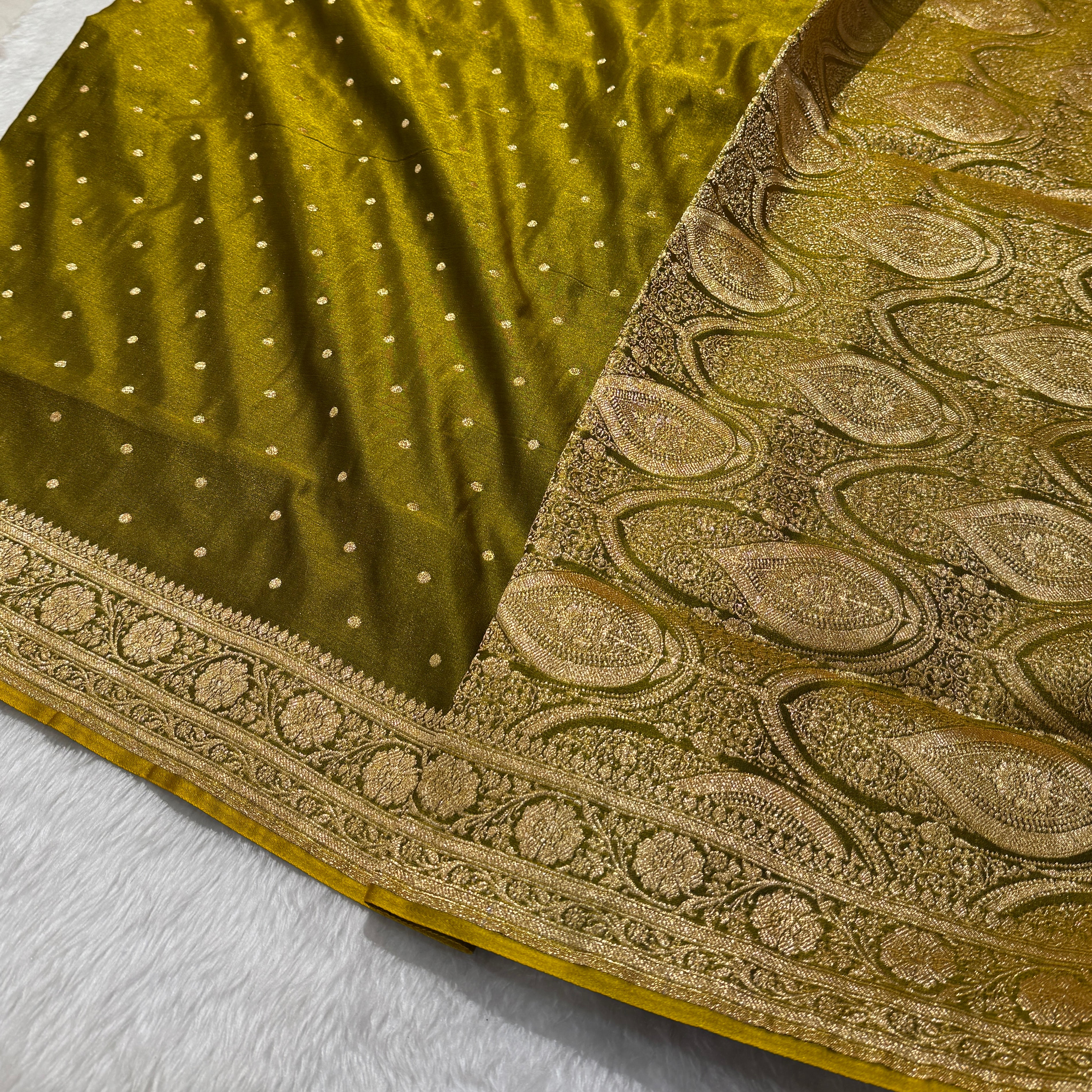 Satin Silk Dot Booti in Mehandi Shades SS08