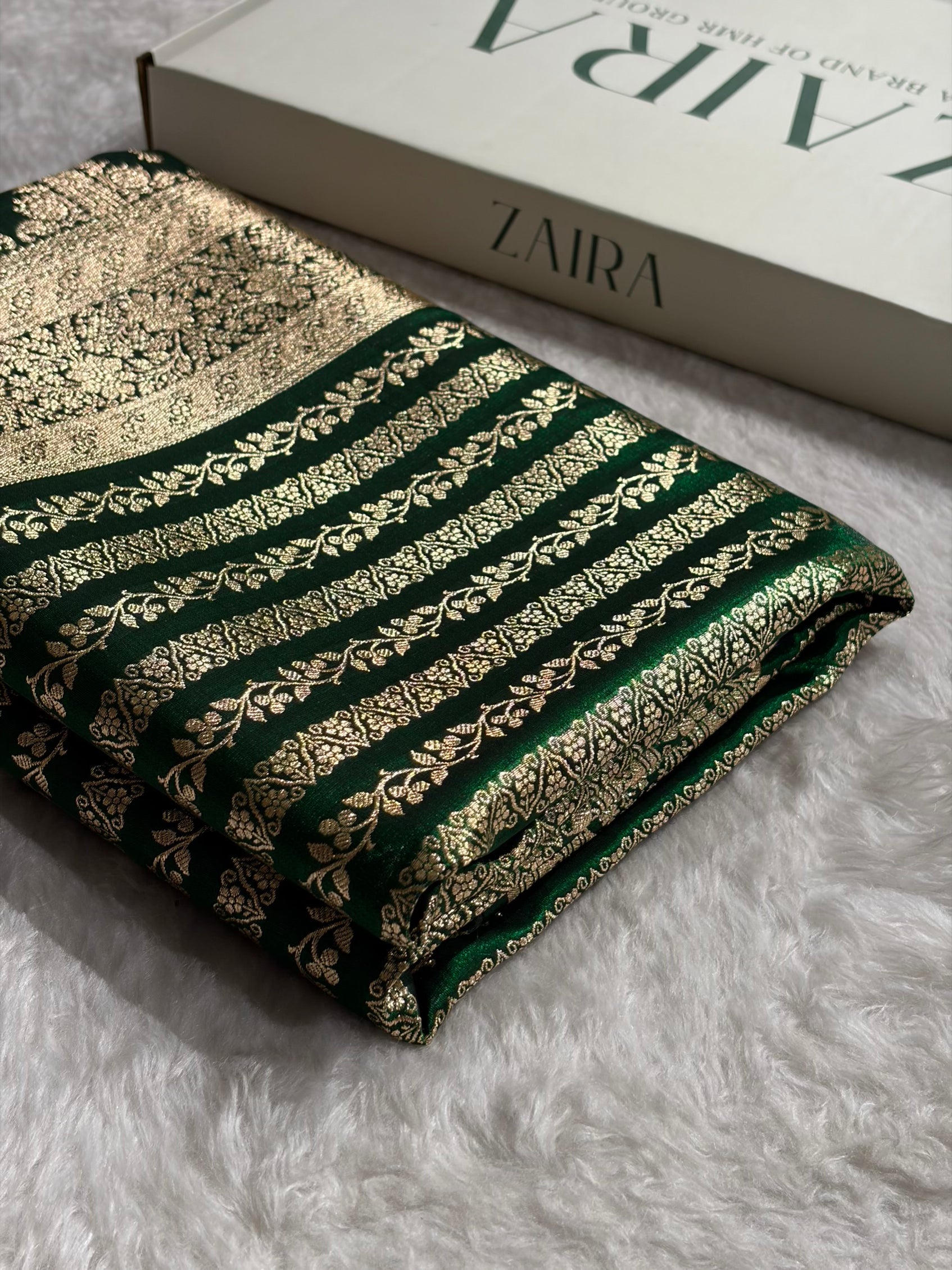Bottle Green Shades Stripe Pattern Banarasi Satin Silk Saree SS46