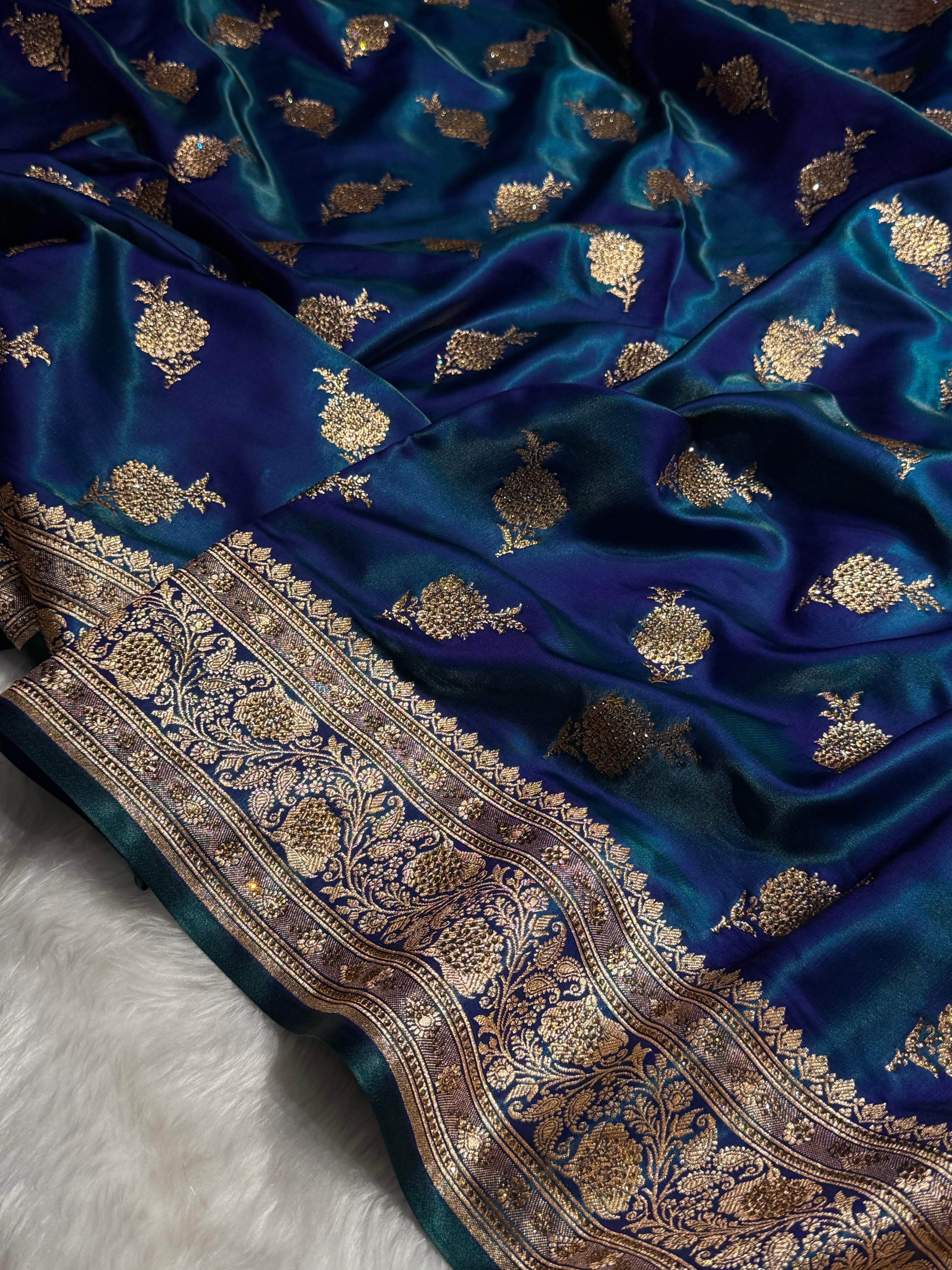Satin Silk Saree Swarovski Work Floral Boota in Peacock Shades BSS26