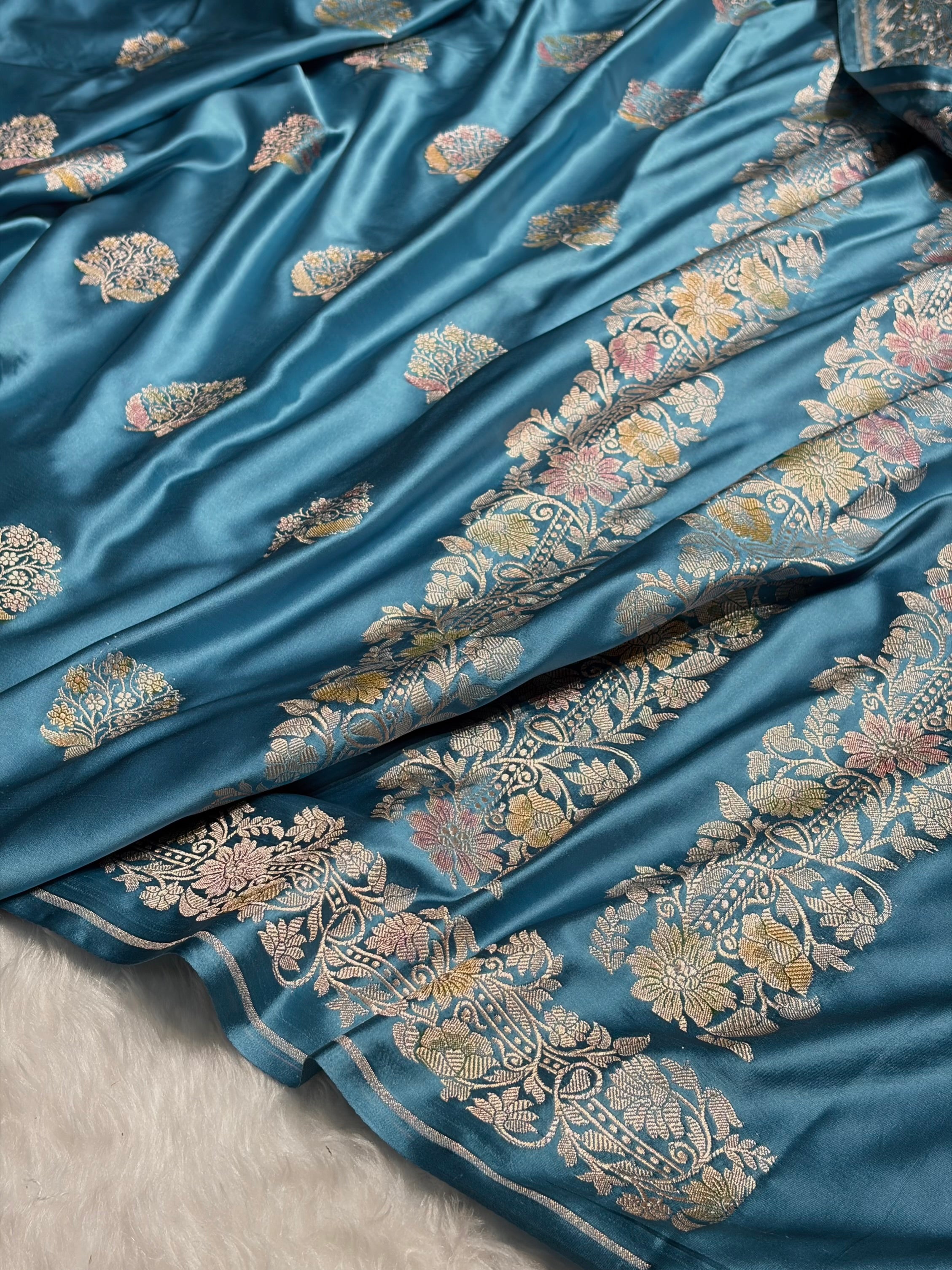 Sky Blue Mashru Silk Saree With Allover Floral Boota MS21