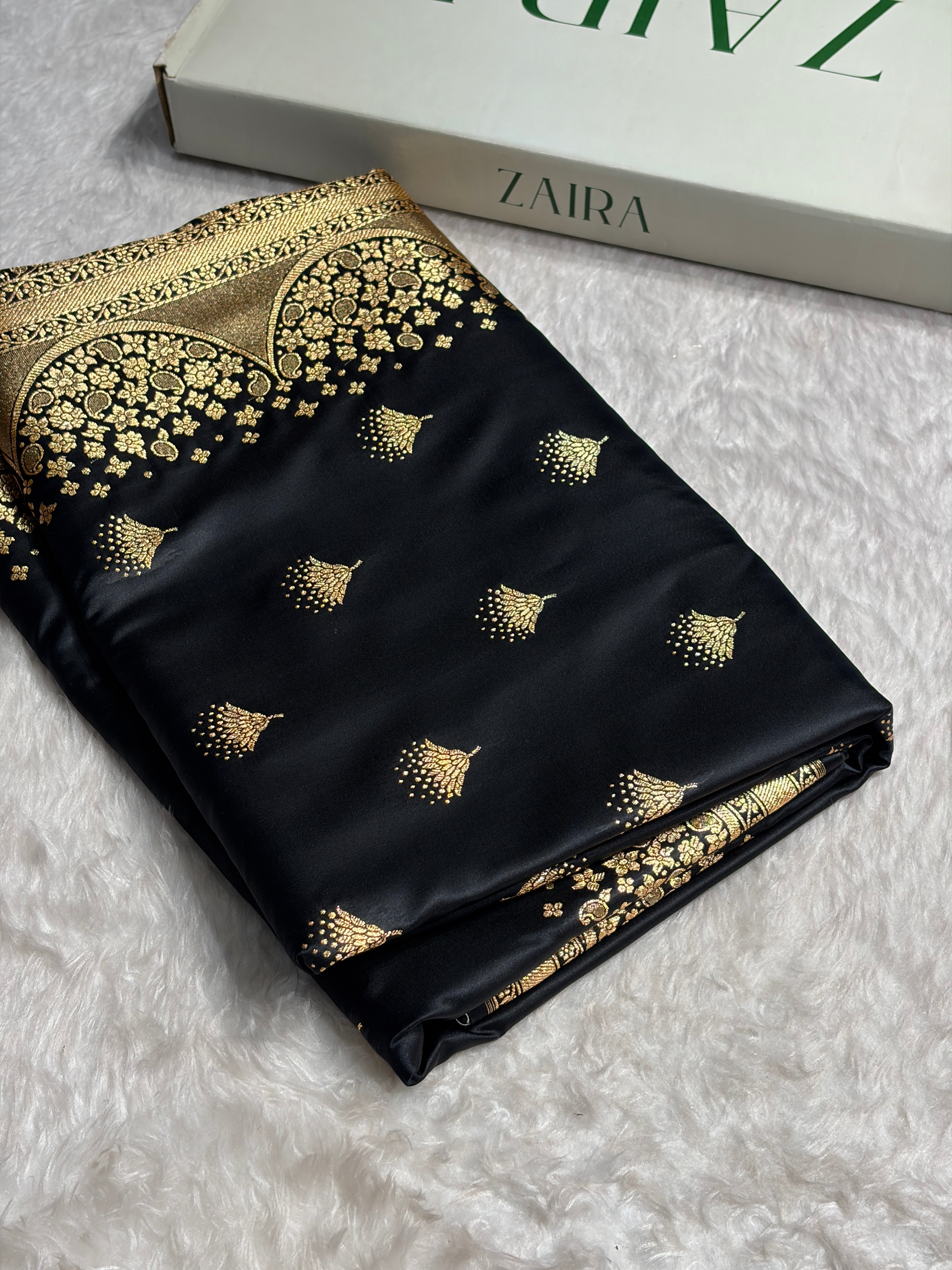 Black Floral Banasari Pattern Satin Katan Silk Saree SK83
