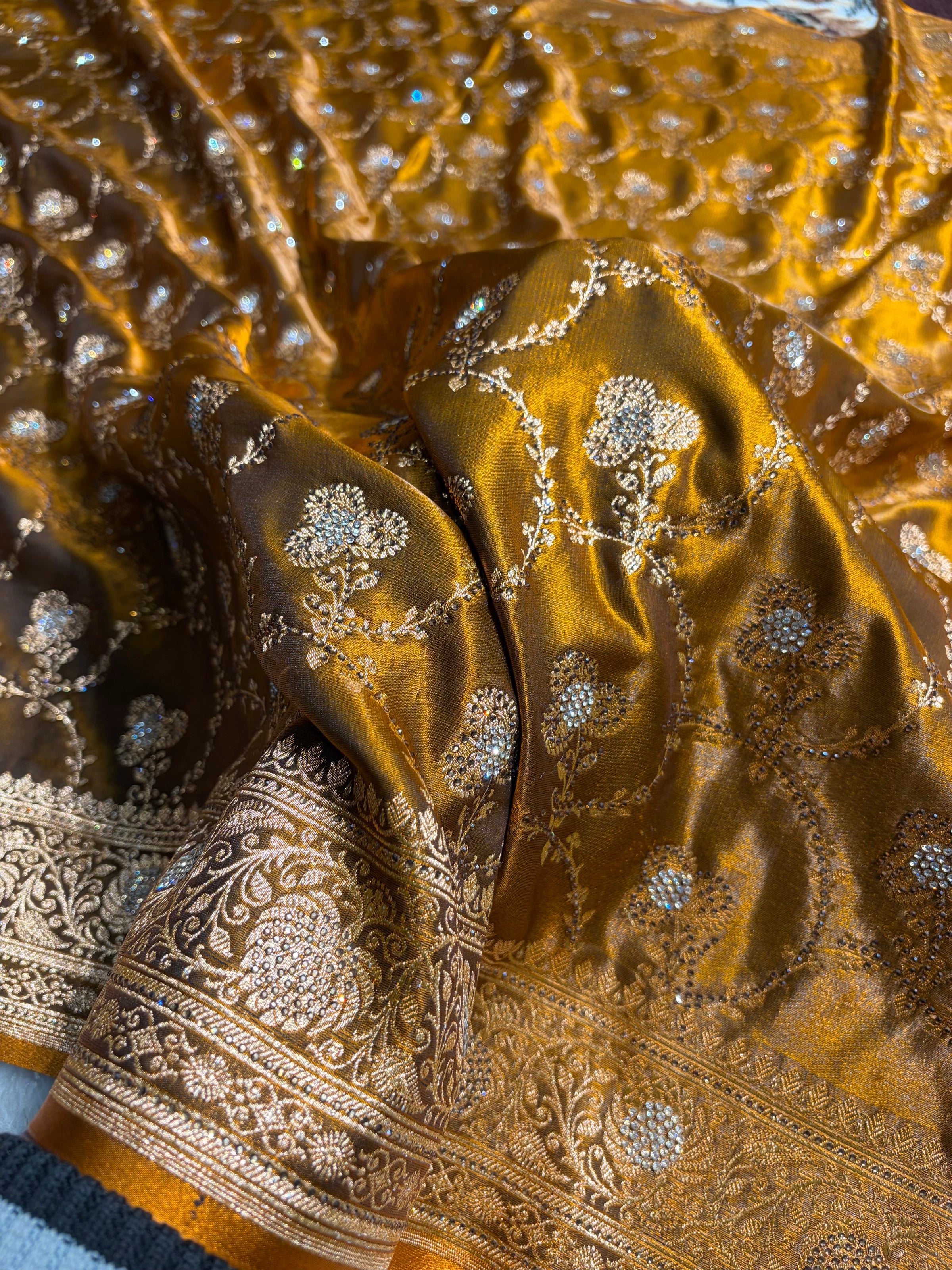 Satin Silk Saree Banarasi Swarovski Work Jaal in Mehendi Shades BSS23 (R)