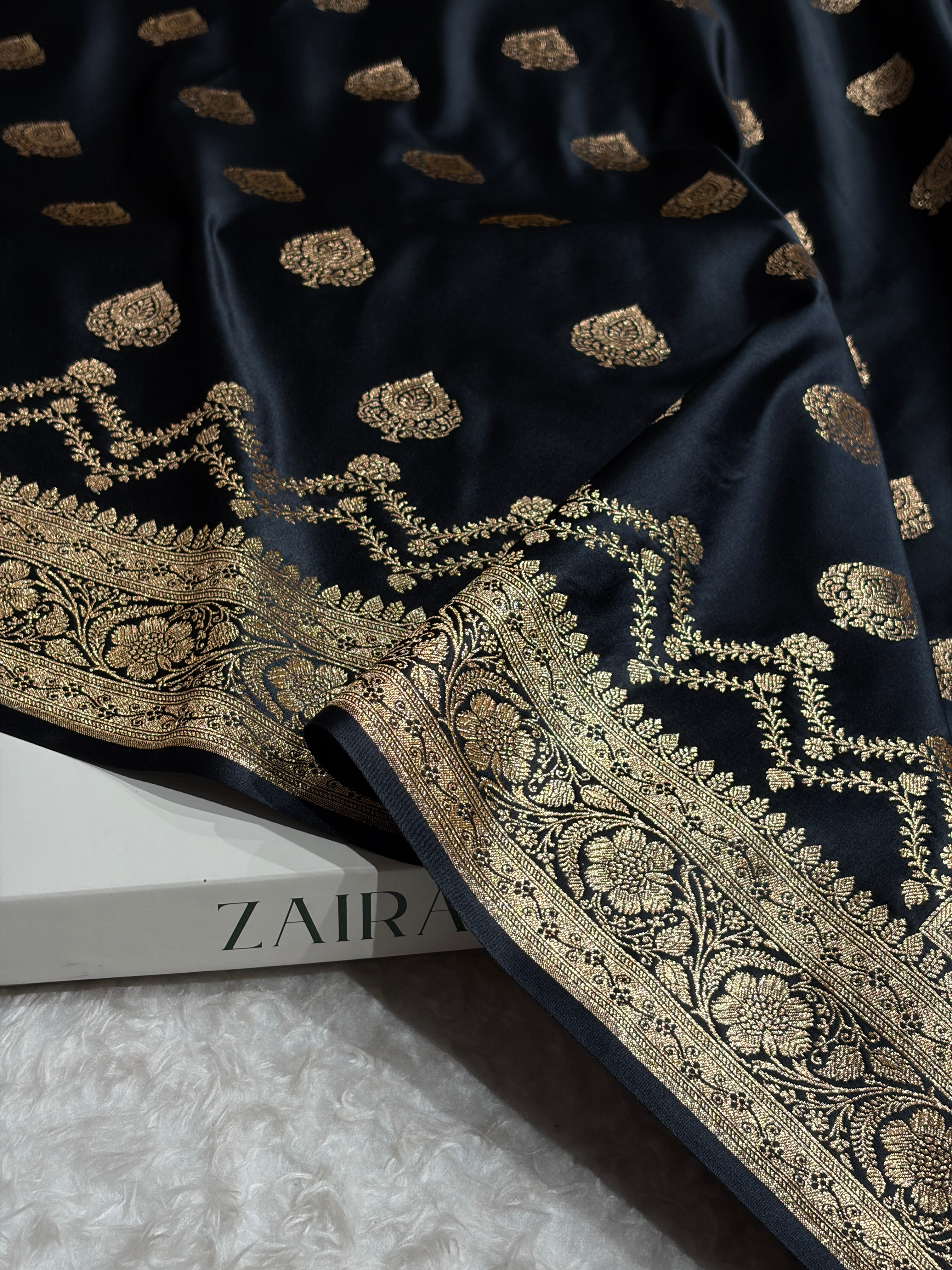 Banarasi Satin Katan Saree Floral Boota Pattern in Black Shades SK145