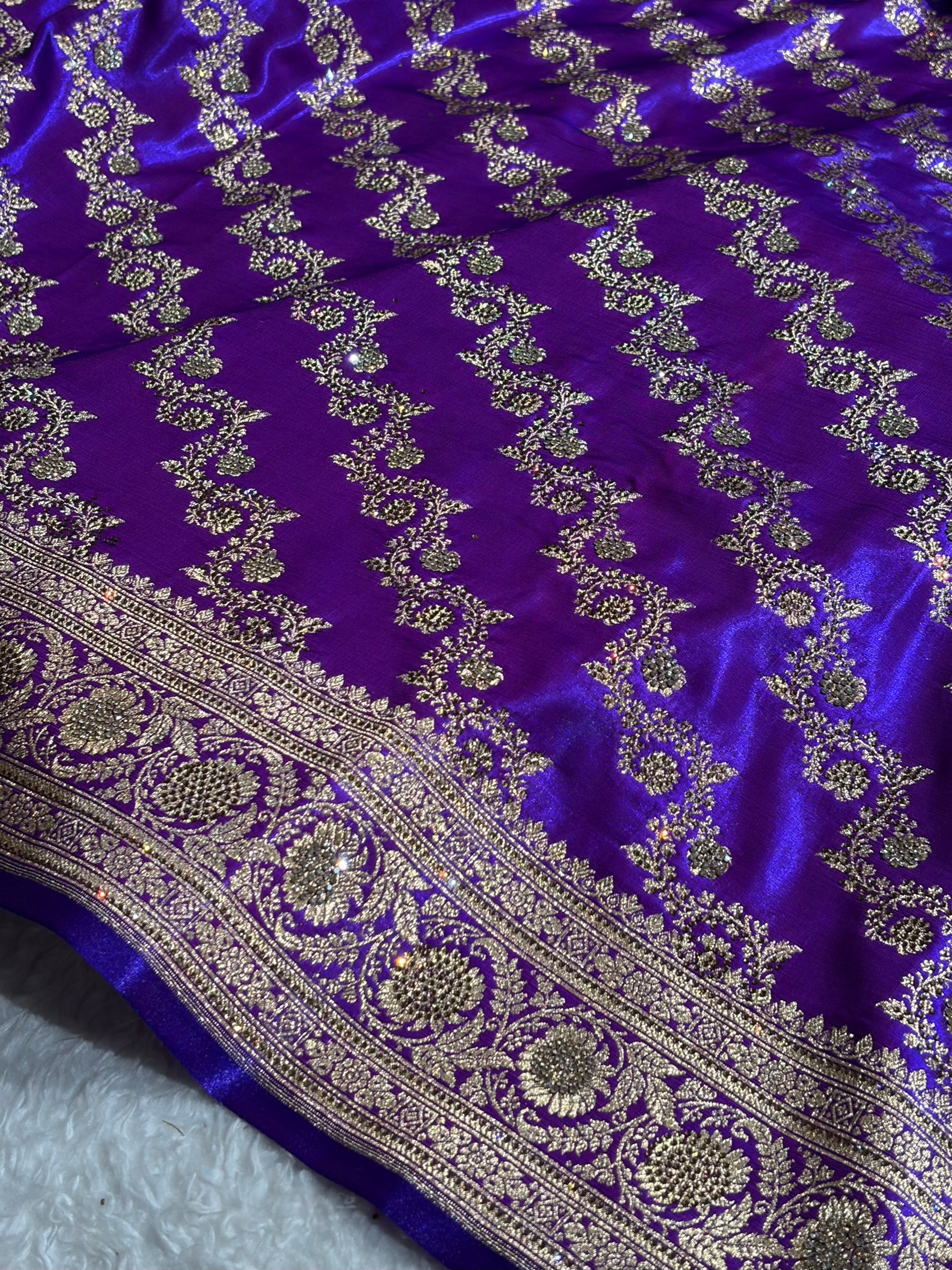 Banarasi Bridal Purple Shades With Swarovski Stone and White Stone Work Satin Silk Saree BSS32