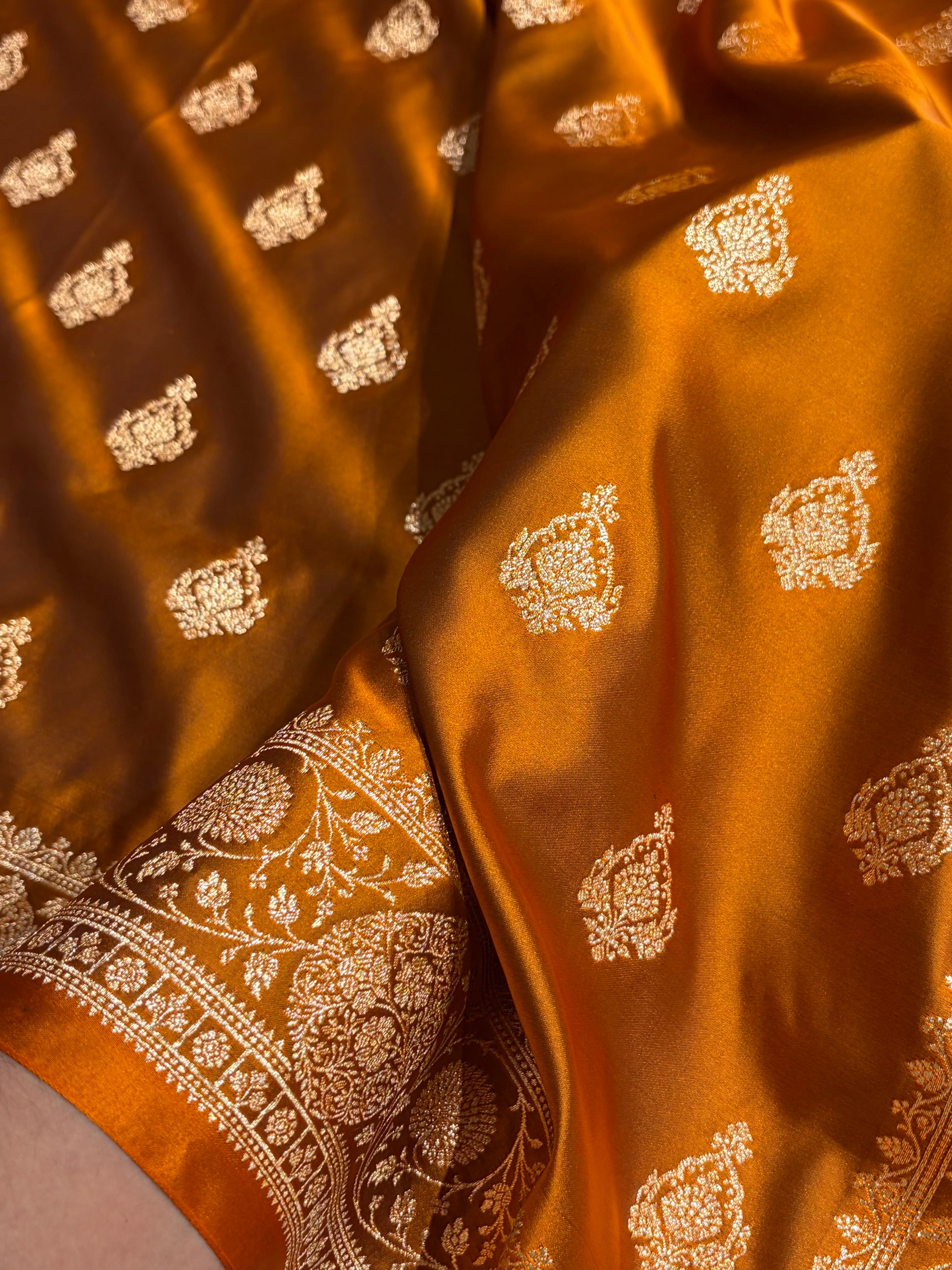 Banarasi Satin Katan Saree With Boota in Rust Shades SK98