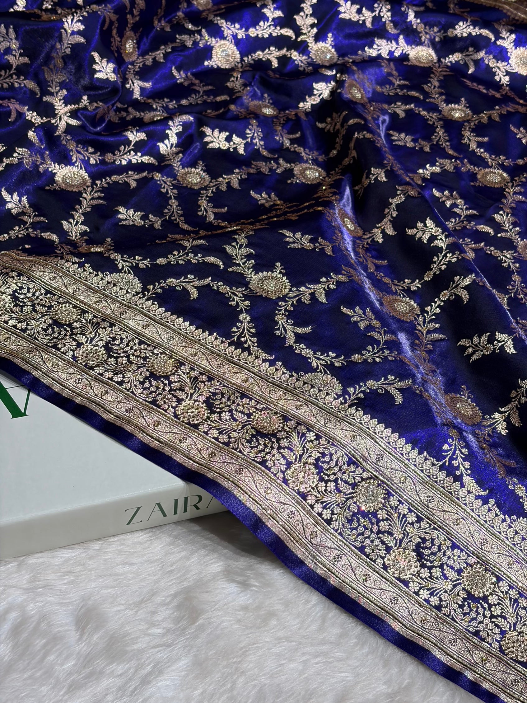 Satin Silk Banarasi Jaal in Royal Blue Shades with Work BSS14