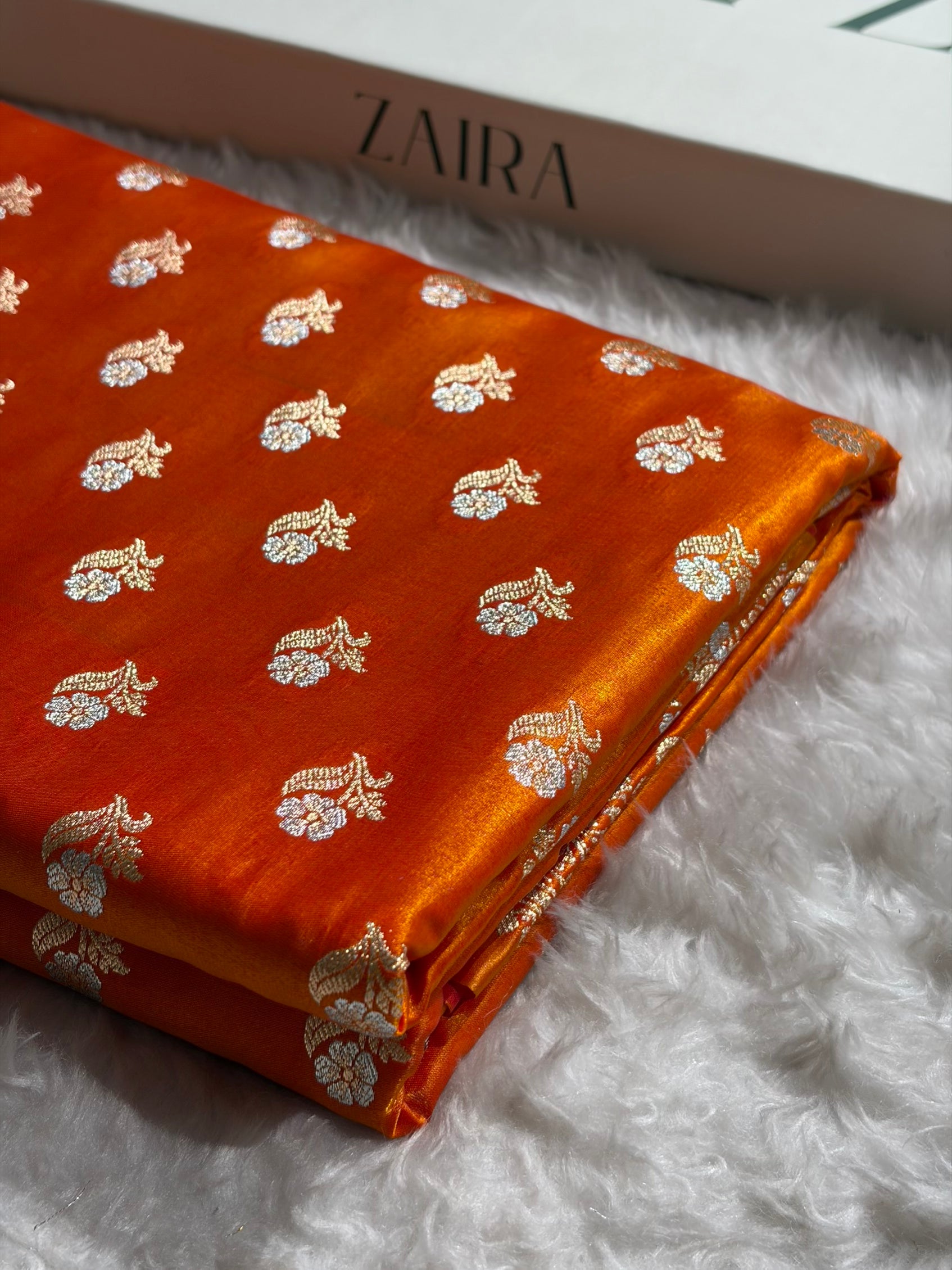 Banarasi Satin Silk Meena Boota in Fire Gold Shades SS38