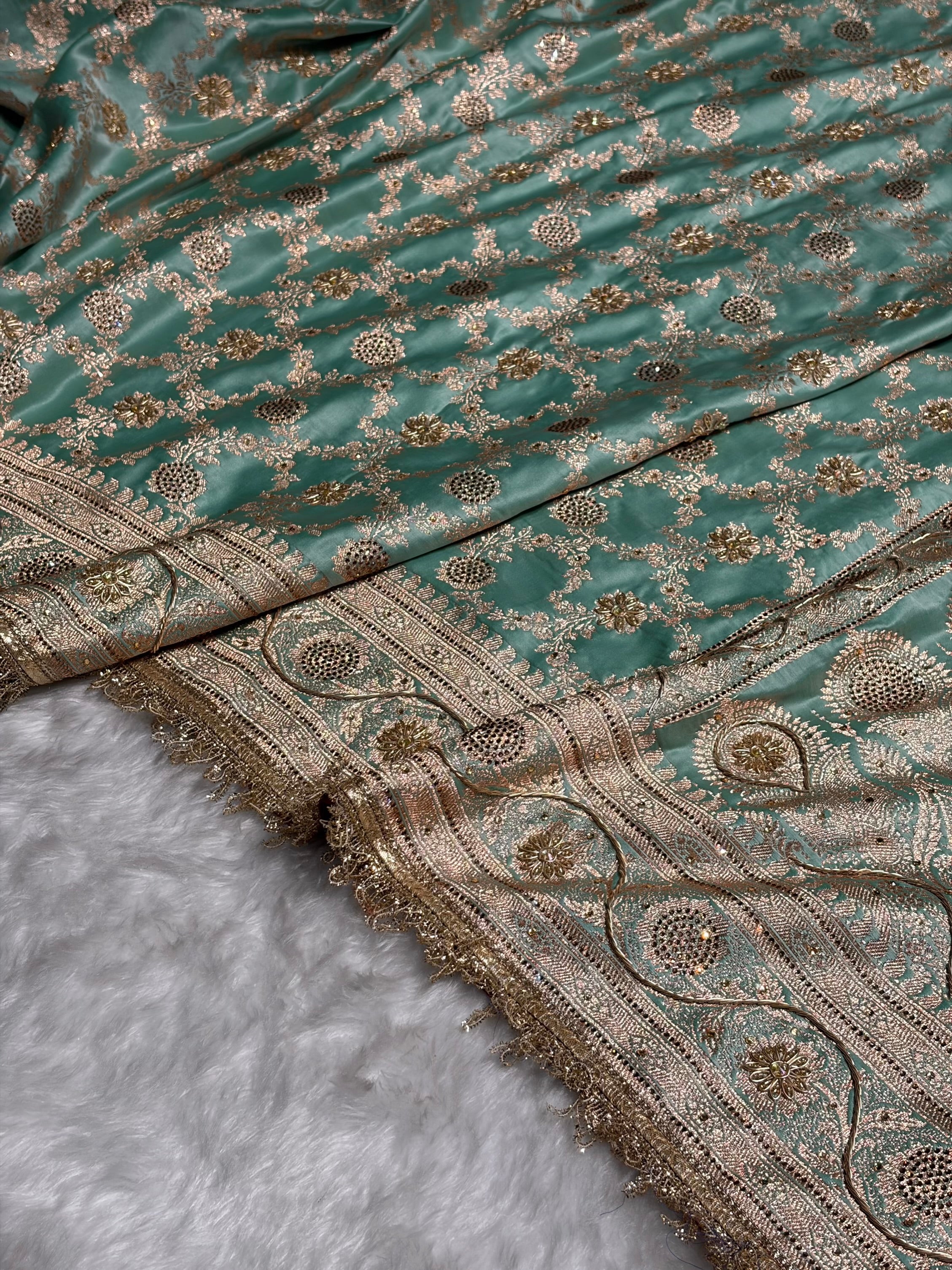 Sea Green Swavroski & Zardozi Work With Gotta Patti Jaal Pattern Satin Katan Silk Saree BSKGP25