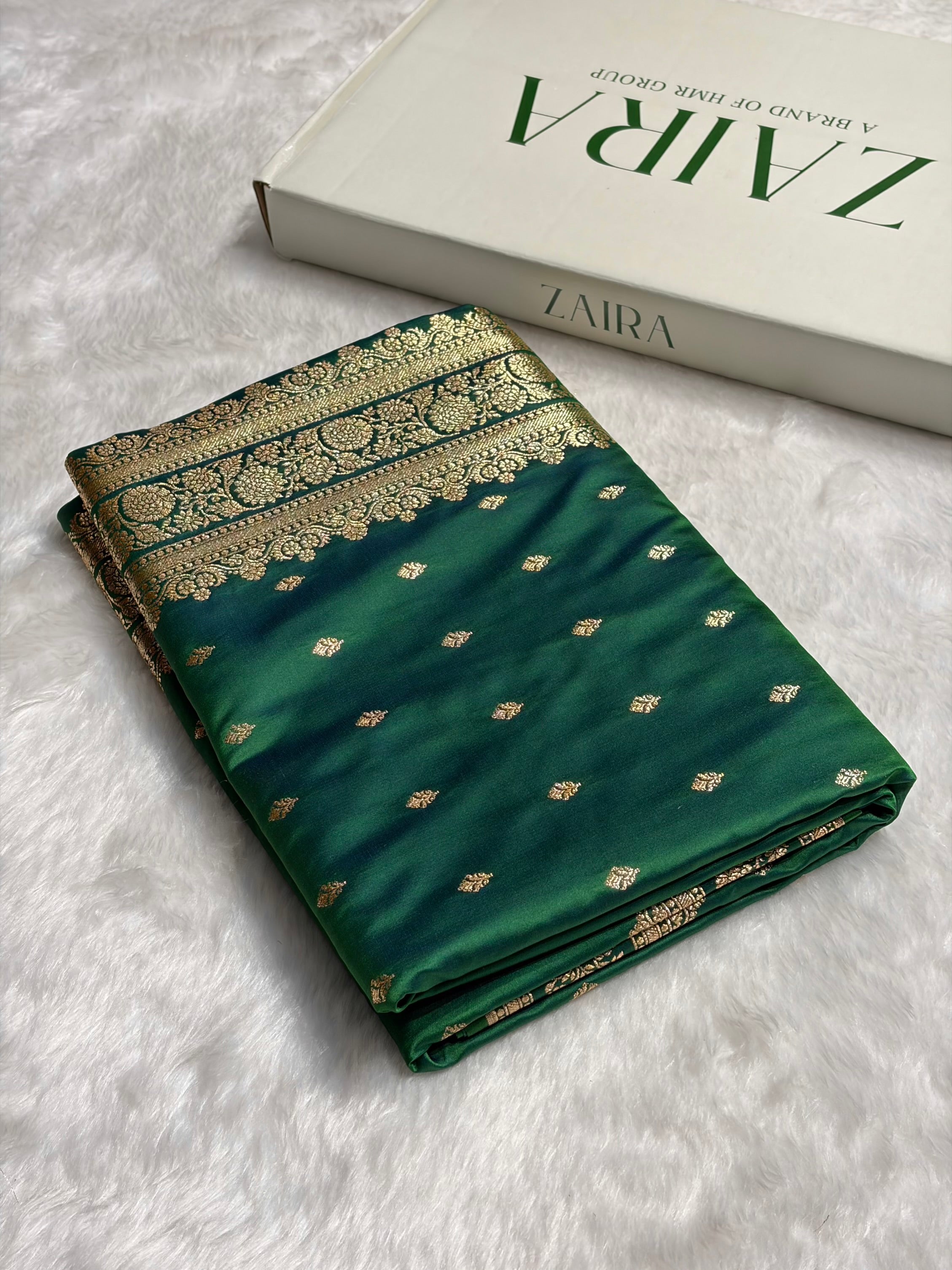 Cross Green Shades Booti Pattern Satin Katan Silk Saree SK51