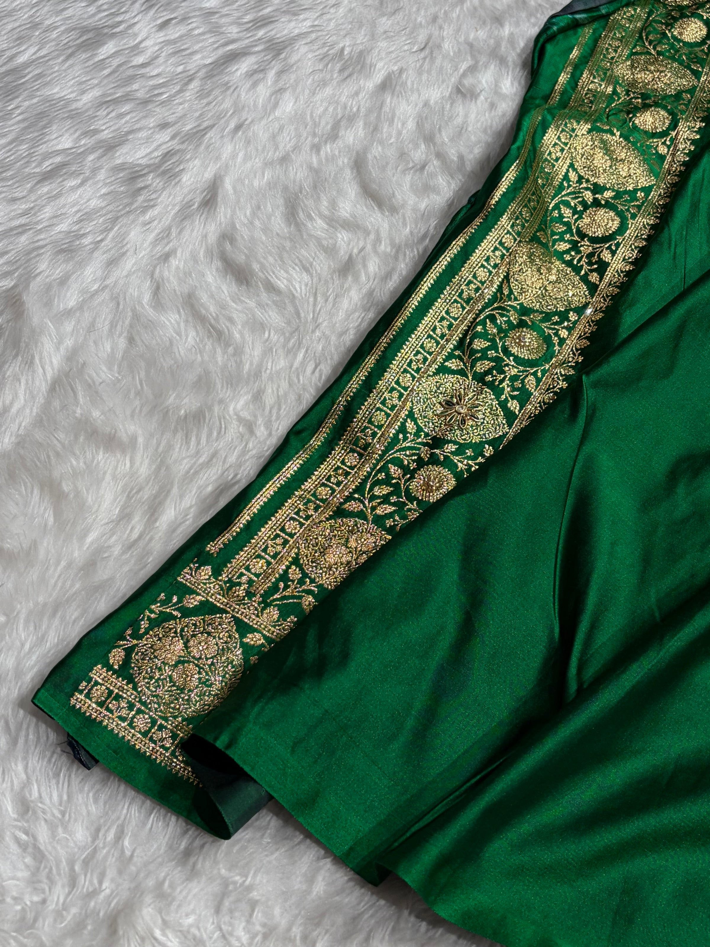 Banarasi Satin Katan Saree With Aari Zardozi Work Boota in Bottle Green Shades BSK98
