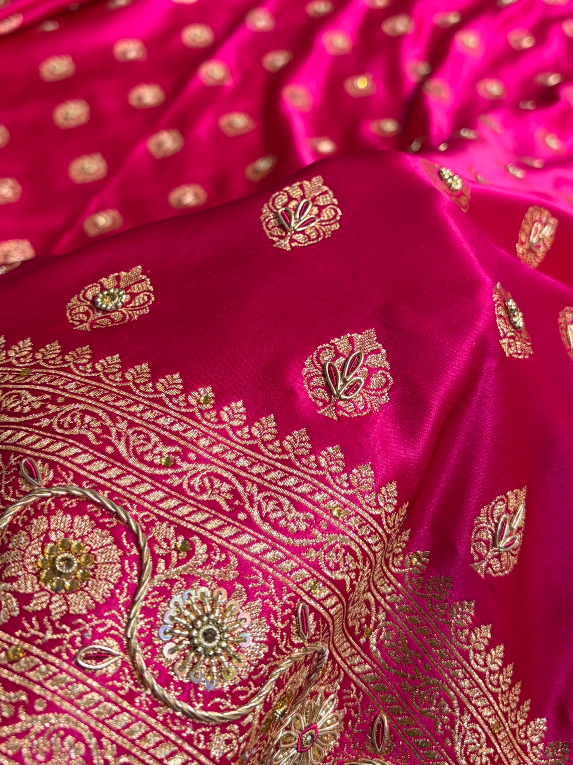 Banarasi Boota Katan Silk Saree In Rani Shades With Ari Zardozi Work BSK02