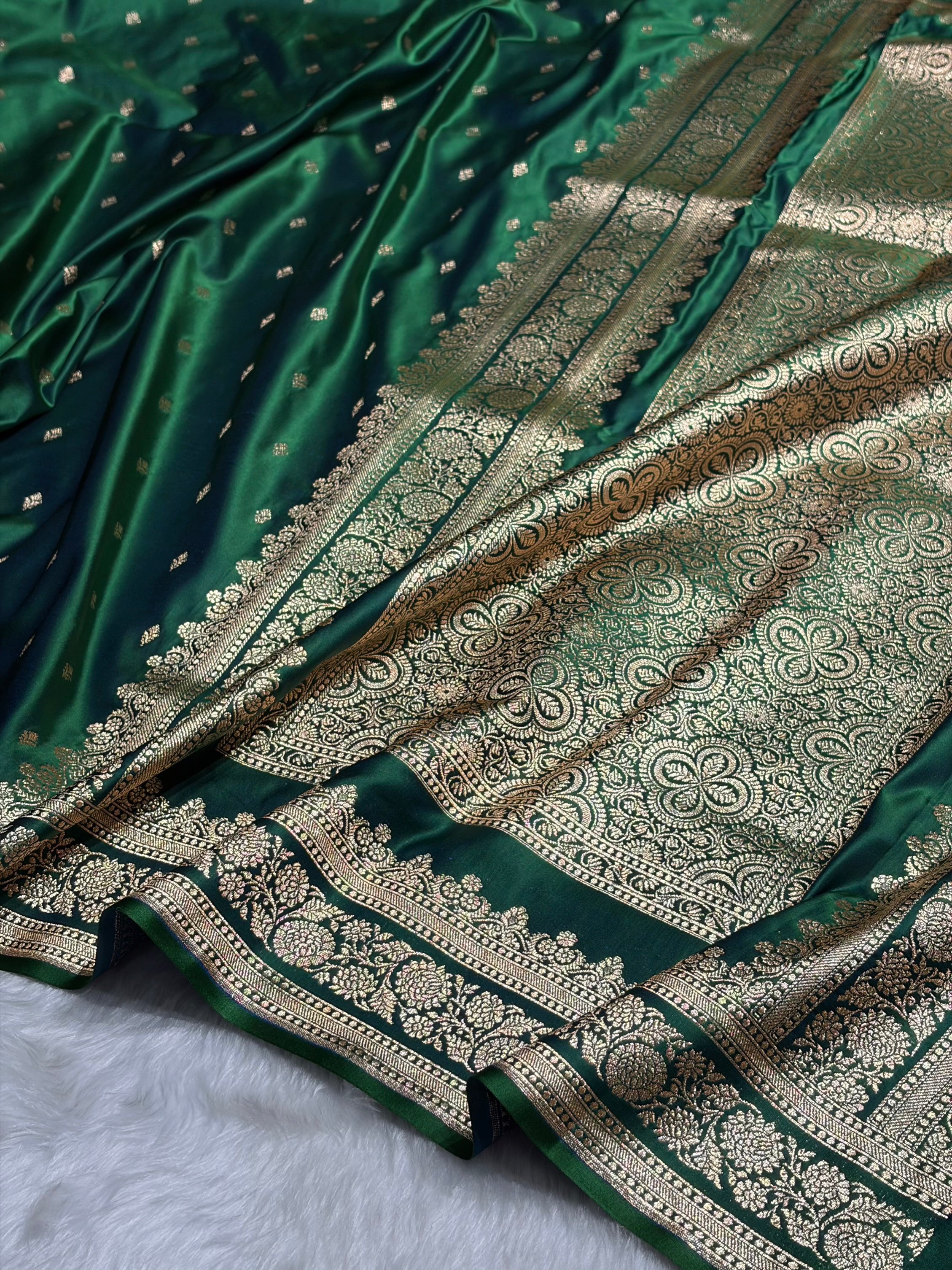 Cross Green Shades Booti Pattern Satin Katan Silk Saree SK51