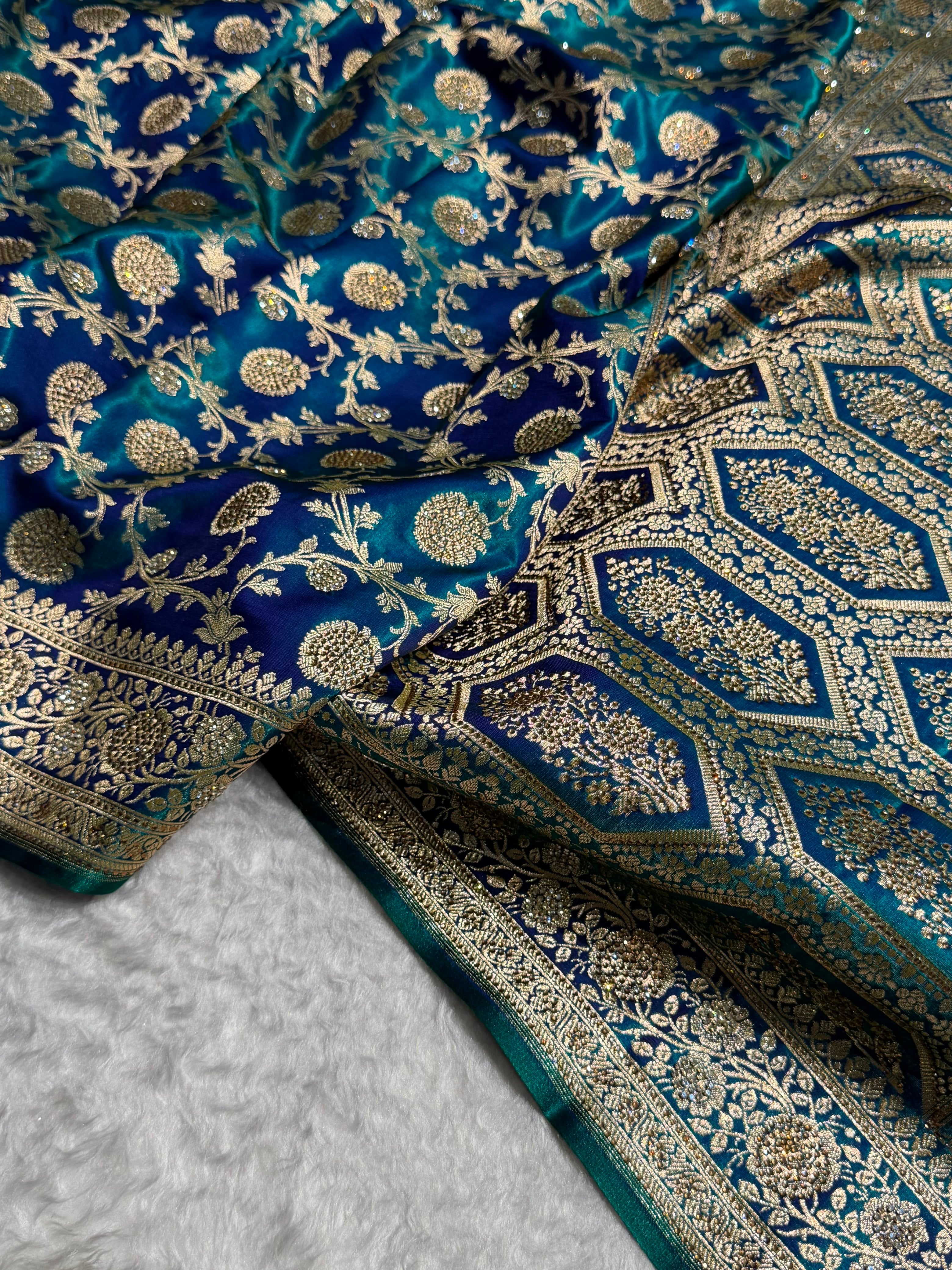 Peacock With Swarovski Stone Work Jaal Pattern Satin Silk Saree BSS15