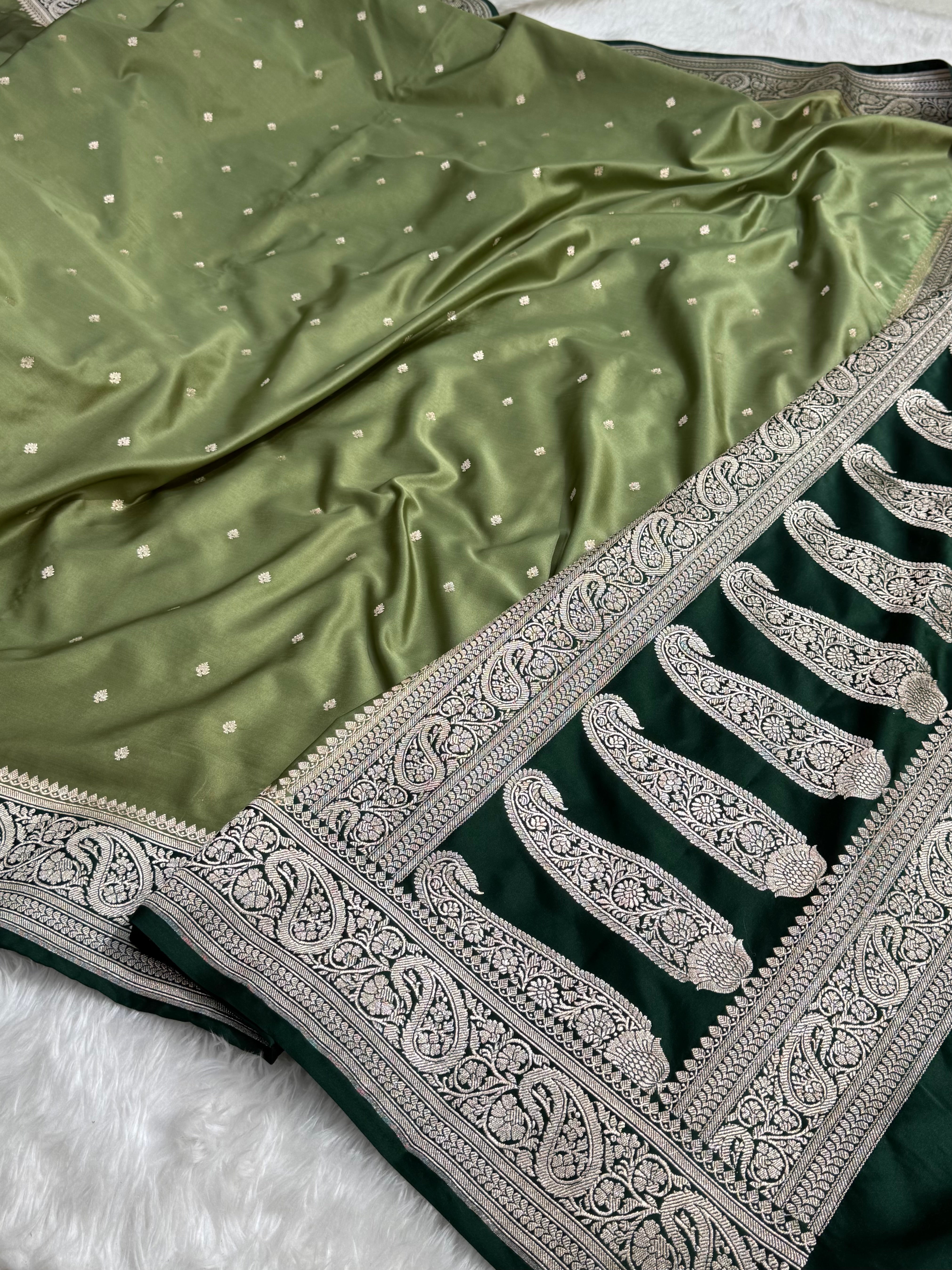 Sage Green - Bottle Green 2D Tone Booti Mashru Silk Saree
