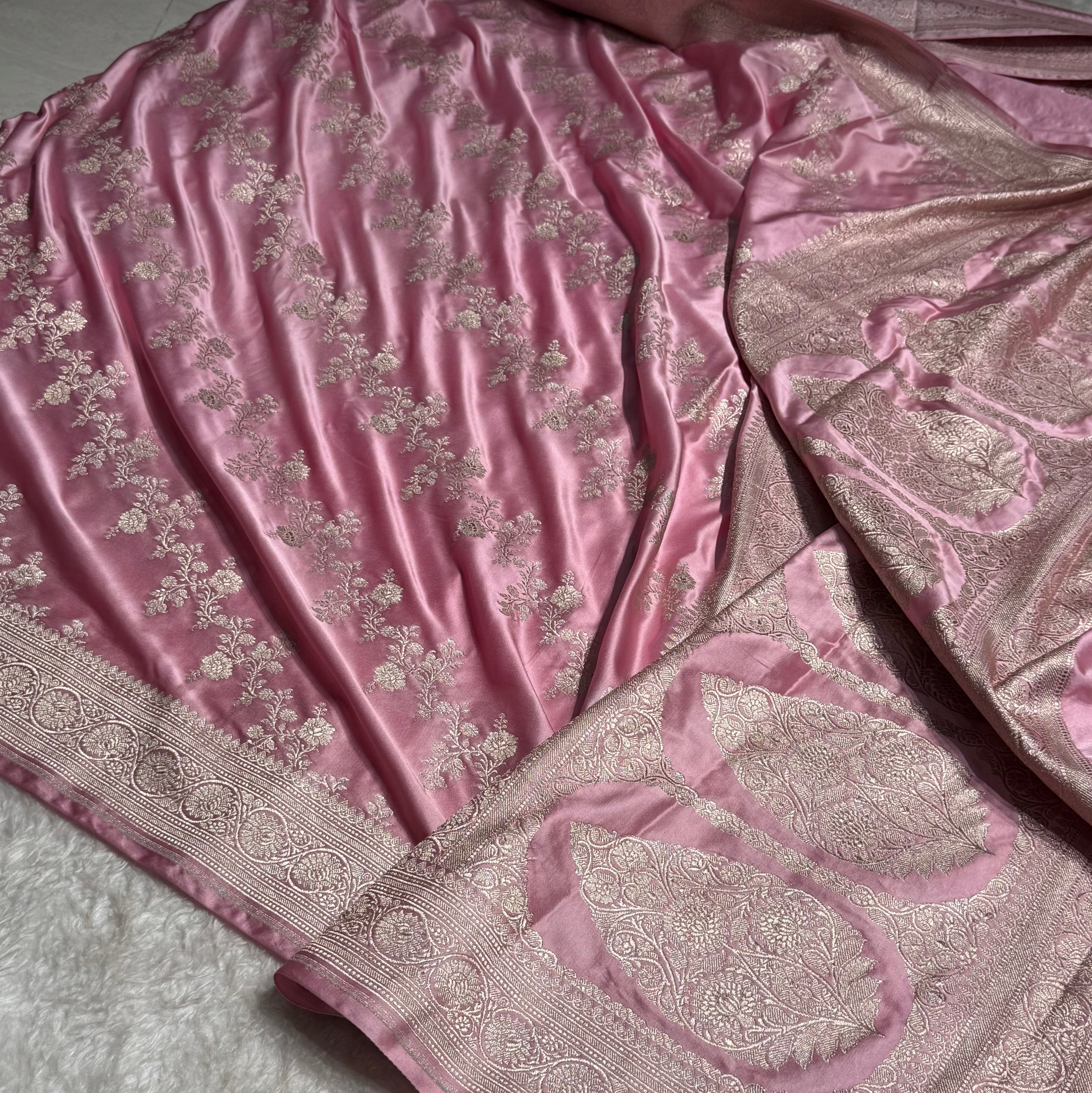 Baby Pink Banarasi Cross Mashru Silk Saree