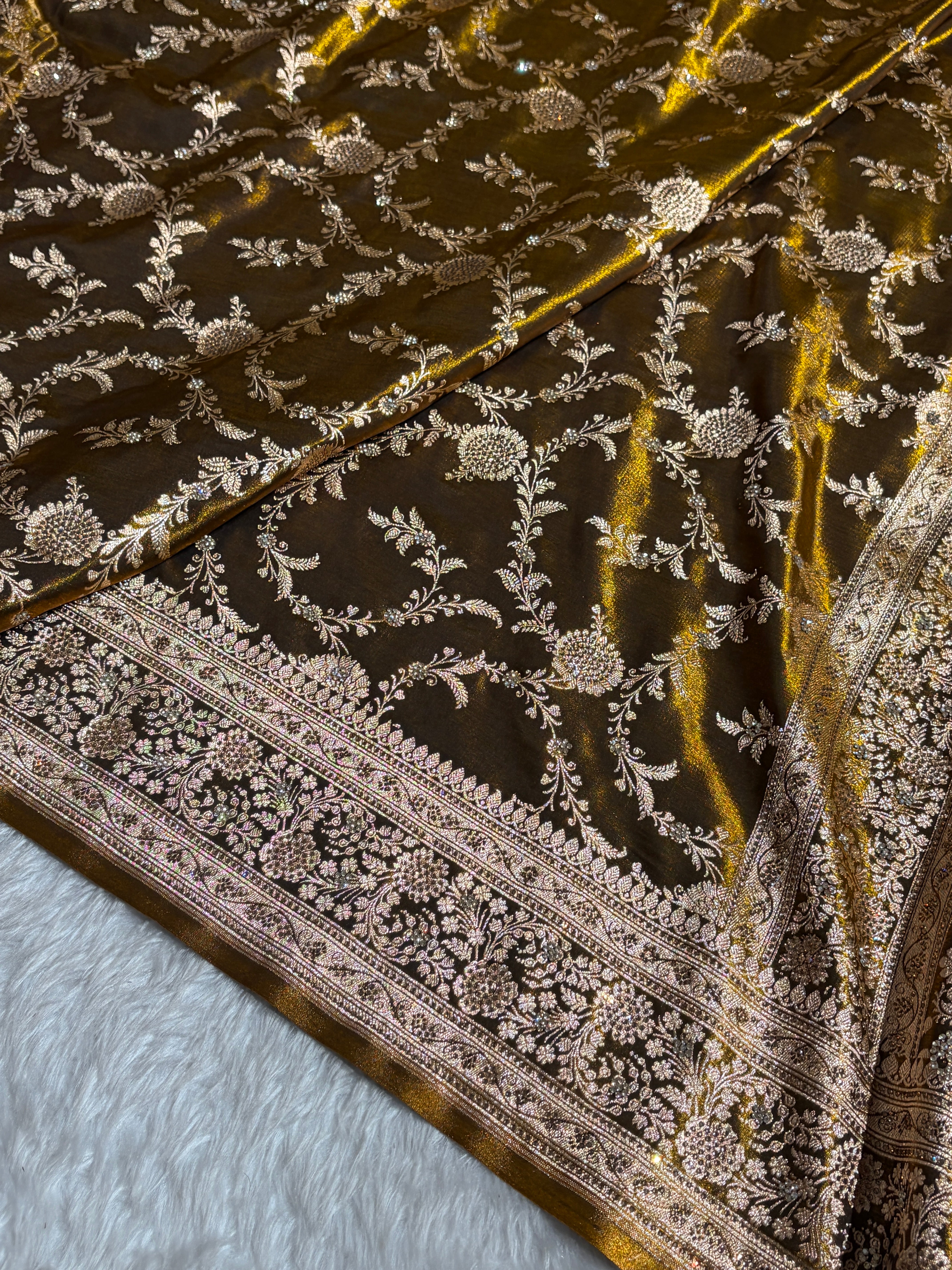 Light Weight Mehndi Gold Satin Silk Saree with Swarovski work BSS14