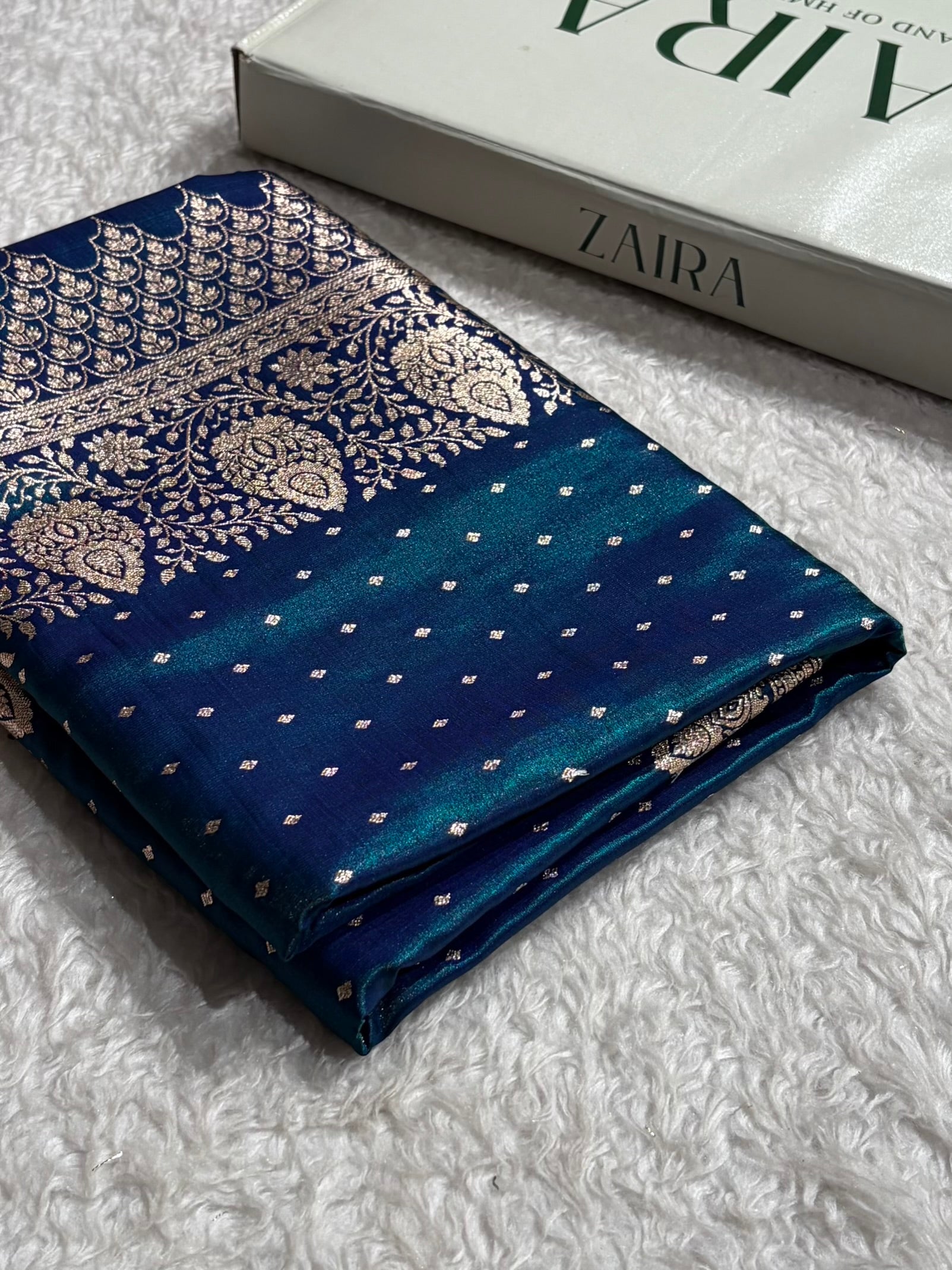 Satin Silk Saree Floral Boota in Peacock Shades SS28