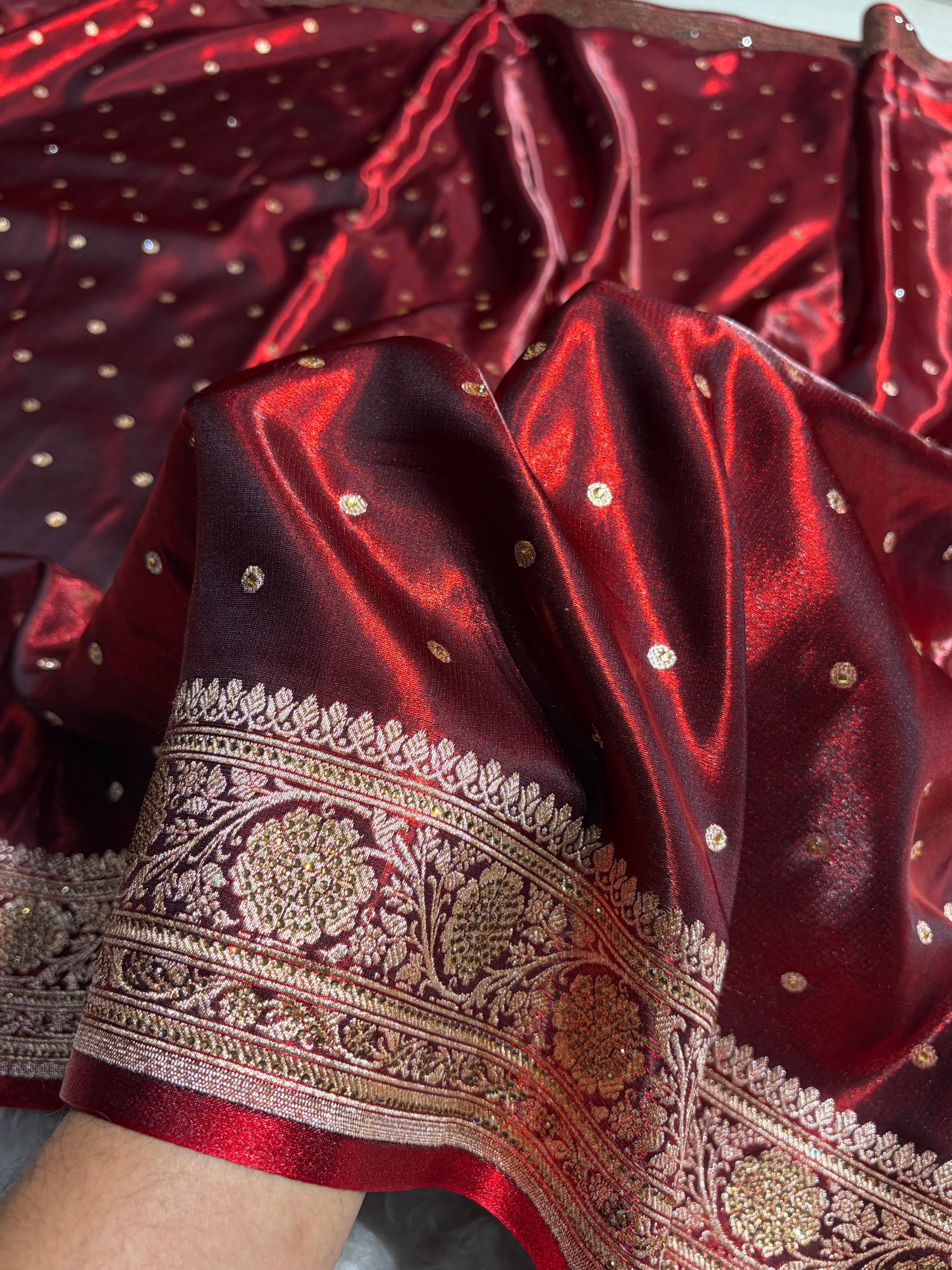 Banarasi Satin Silk Dot Booti in Maroon Shades withSwarovski work BSS08