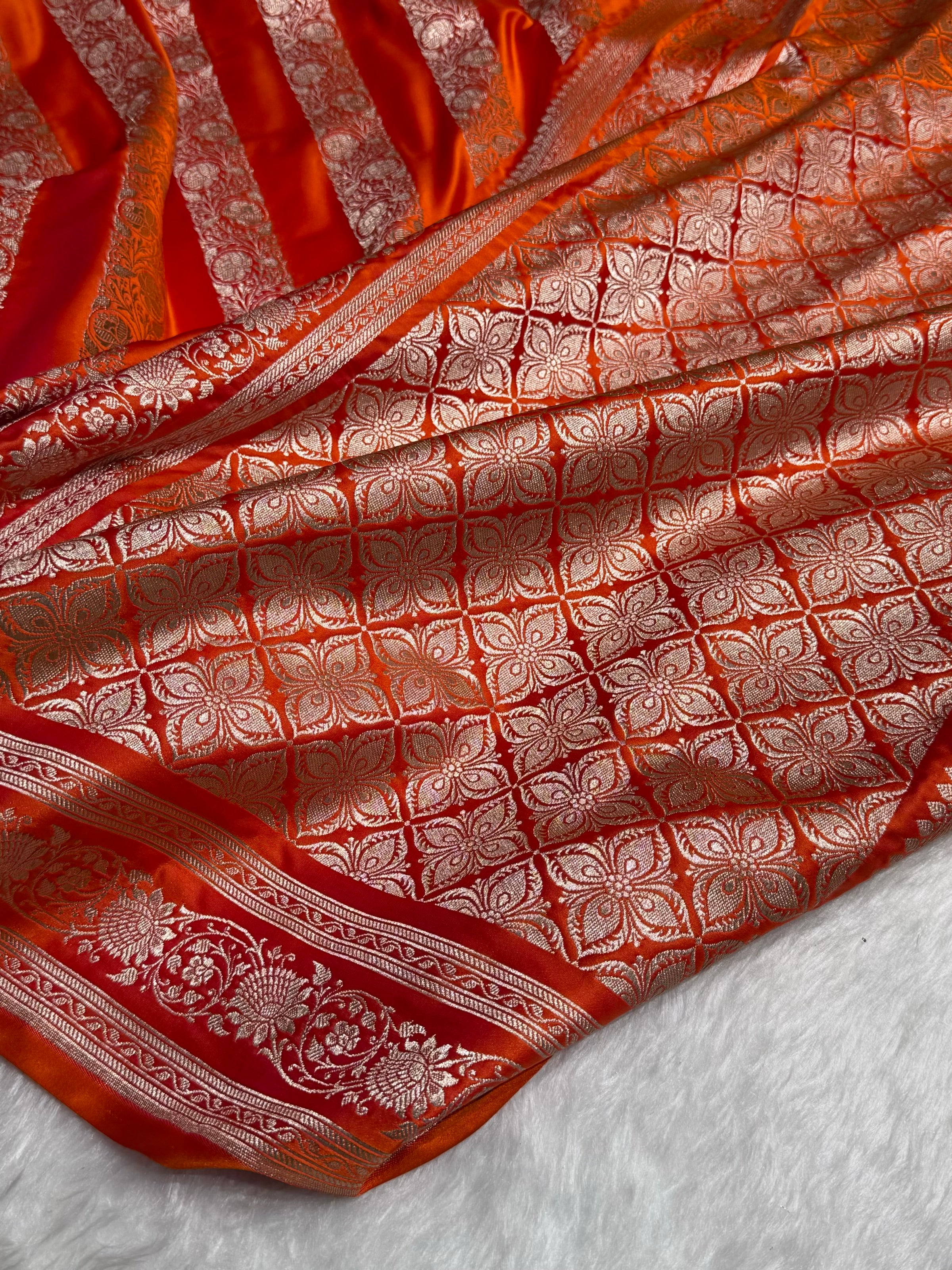 Orange Shades Banarasi Cross Pattern Floral Mashru Silk Saree MSM-102