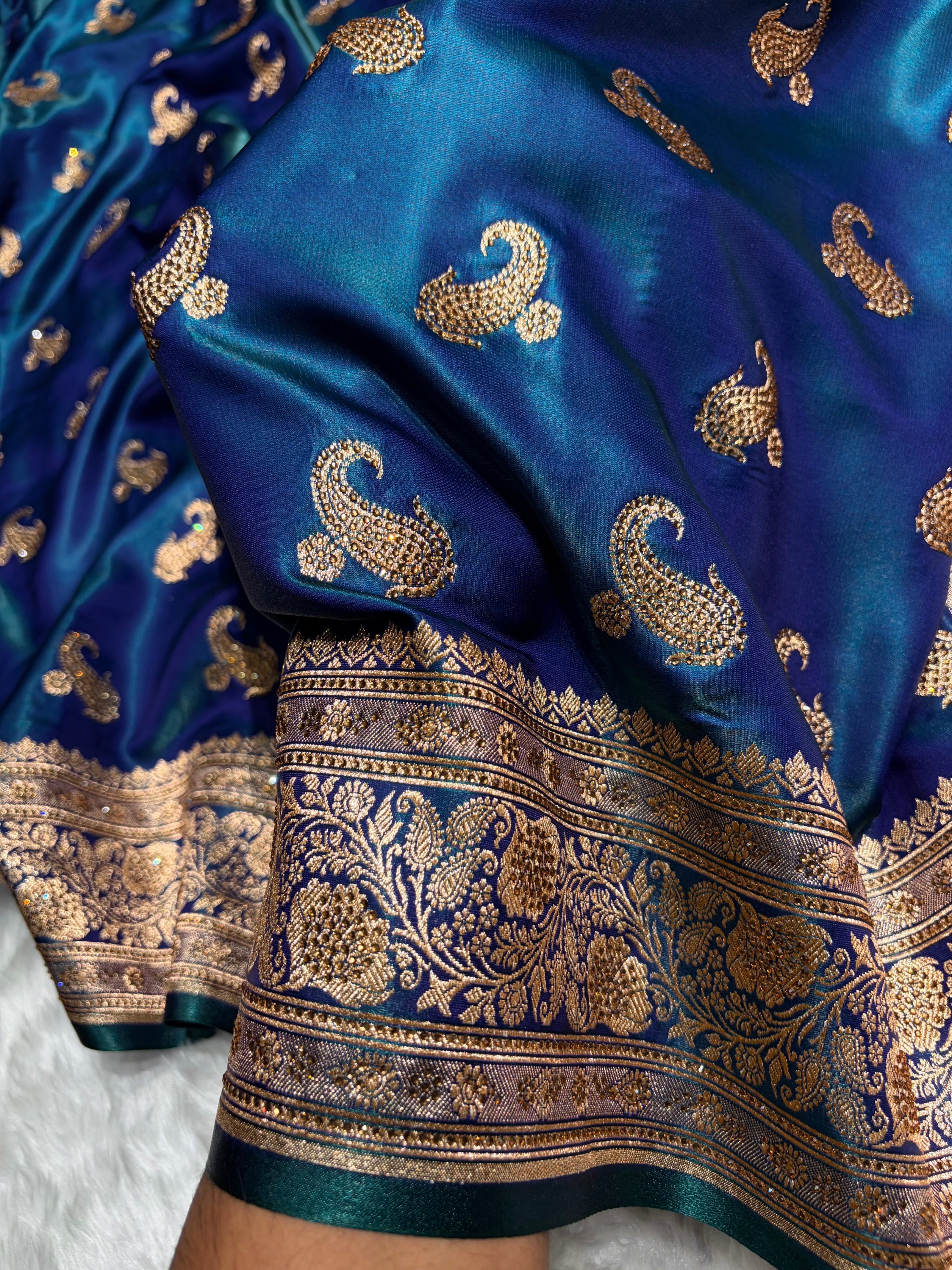 Satin Silk Saree Swarovski Work Floral Boota in Peacock Shades BSS27