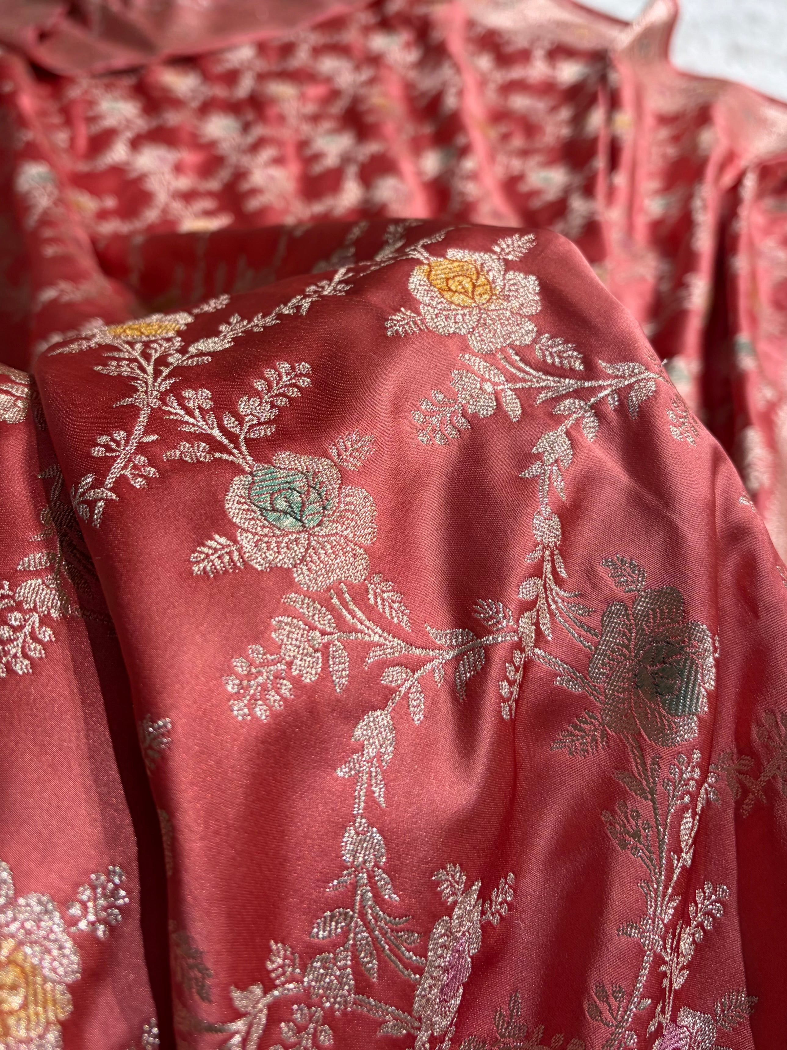 Peach Shades Banarasi Minakari Floral Jaal Mashru Silk Saree MS28