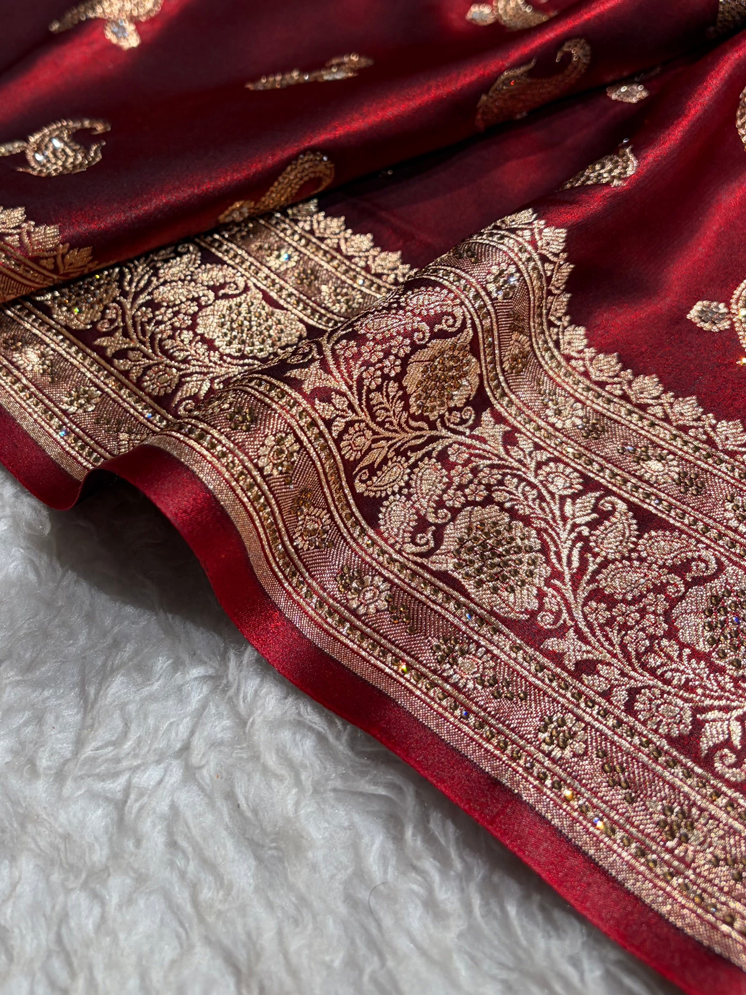 Satin Silk Saree Tredition Banarasi Swarovski Work Floral Boota in Maroon Shades BSS27