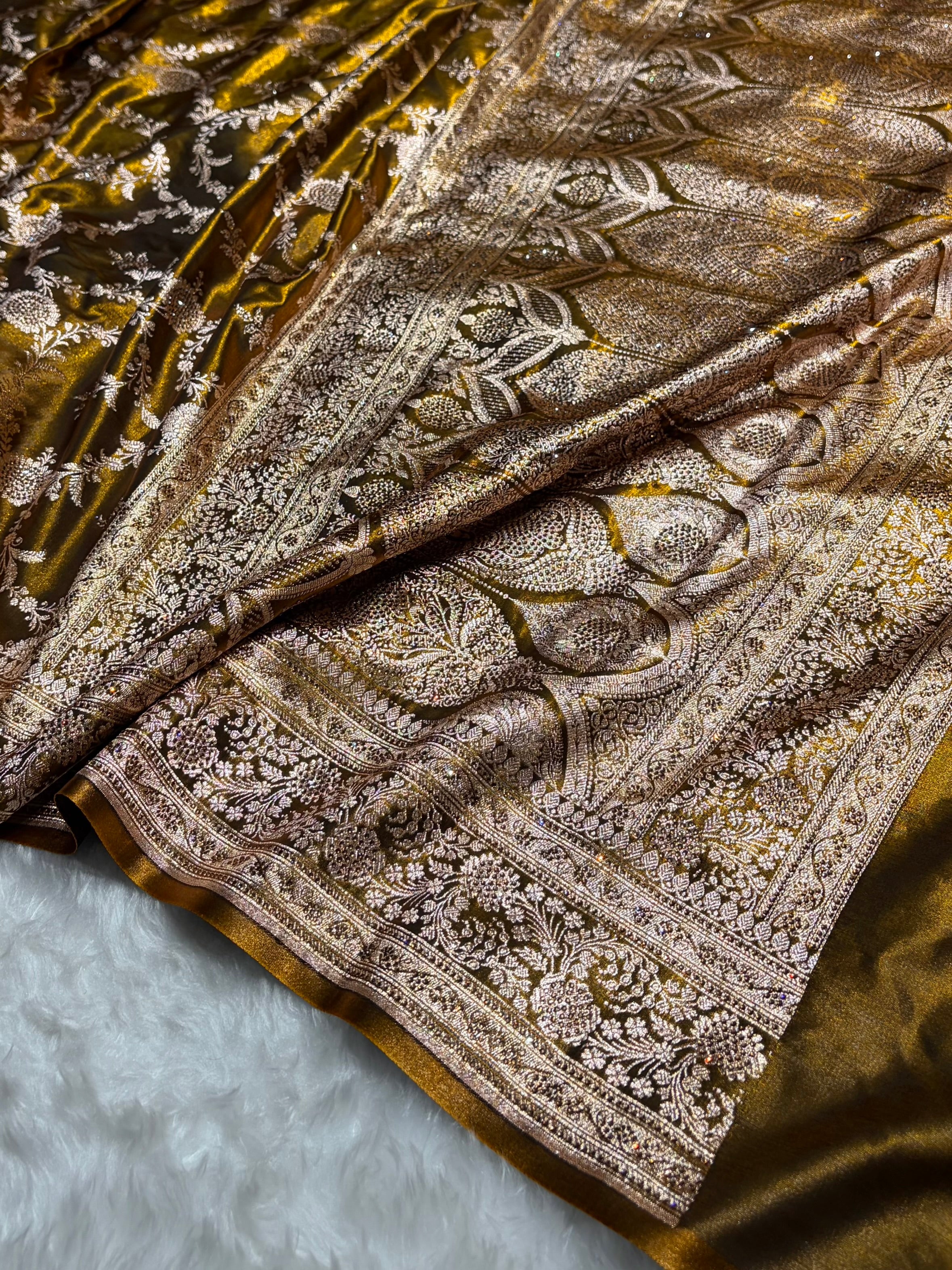 Light Weight Mehendi Satin Silk Saree with Swarovski work BSS14