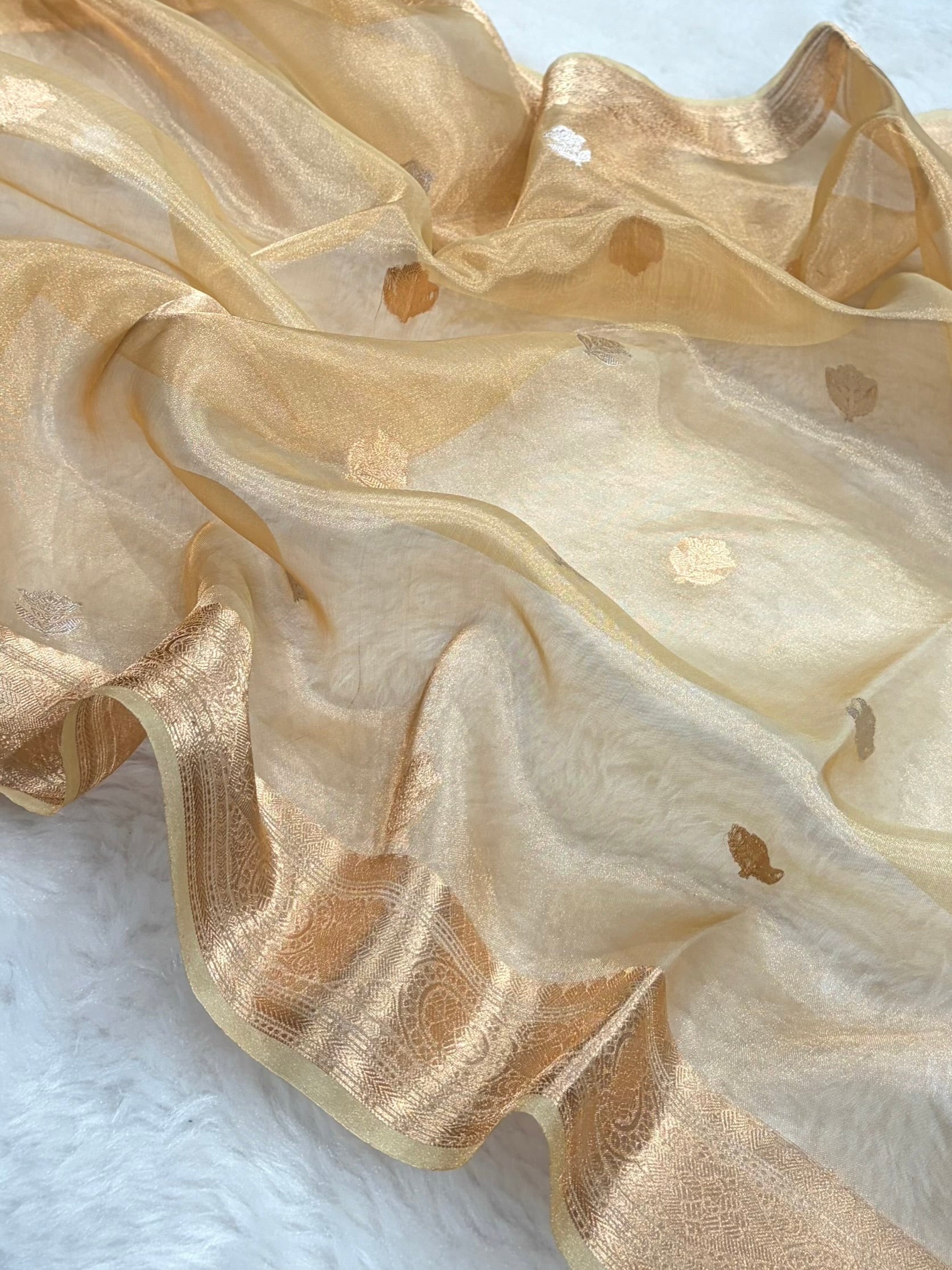 Tusser Gold Bananasi Floral Shades Pure Tissue Silk Saree PT-37