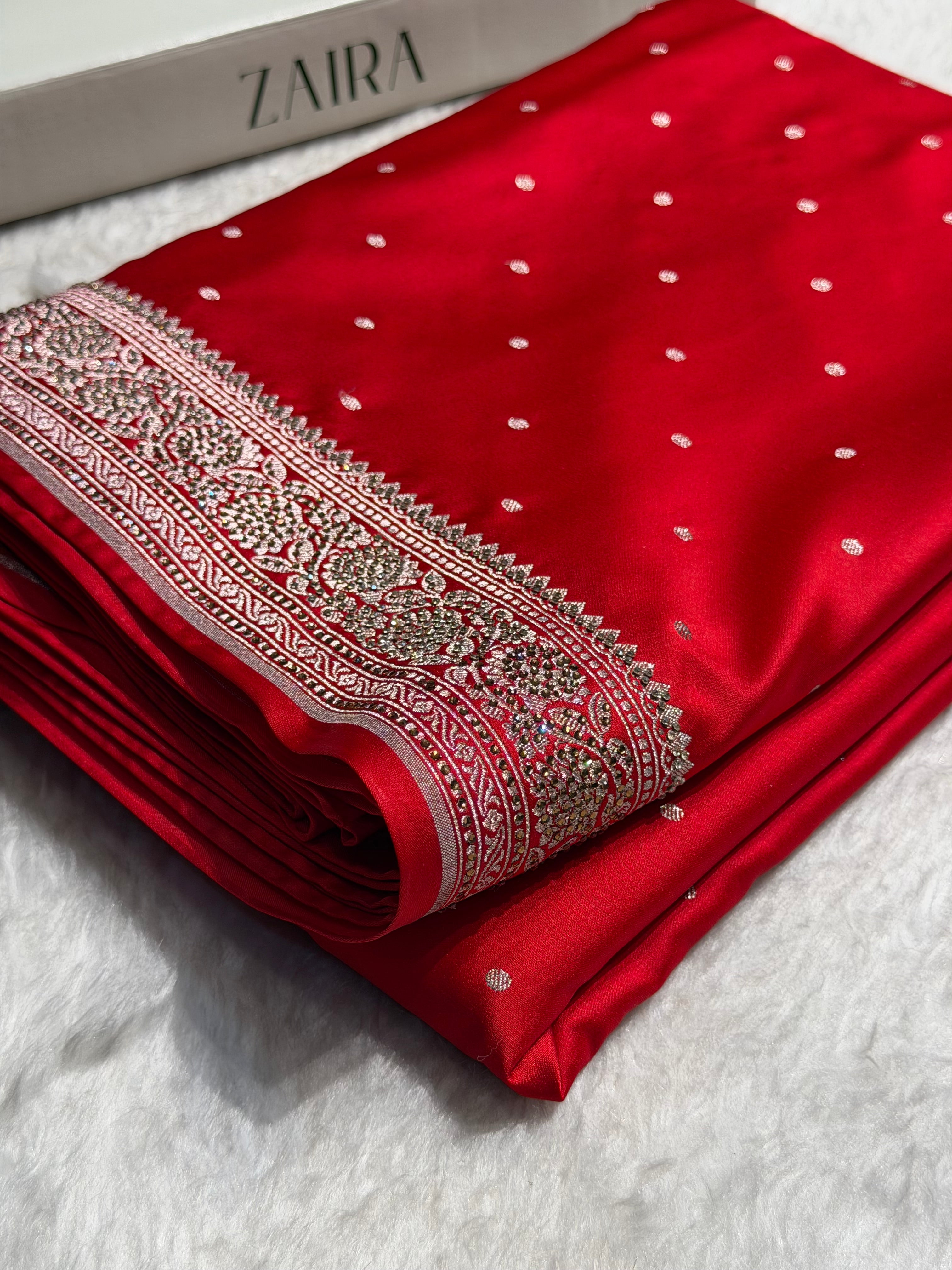 Banarasi Red Shades Booti With Swarovski Stone Work Mashru Silk Saree BMS65