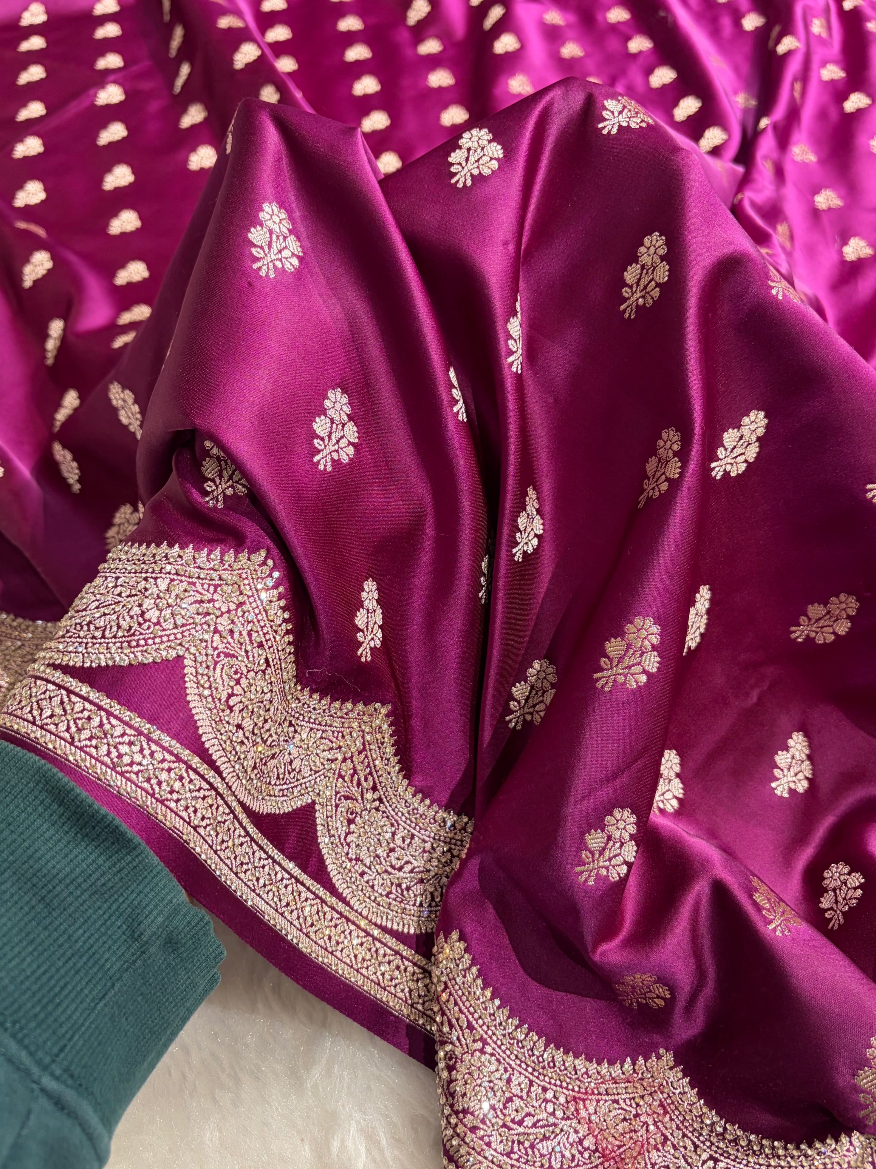 Banarasi Wine Scallop Mashru Silk with White Stone Swarovski work BMS02