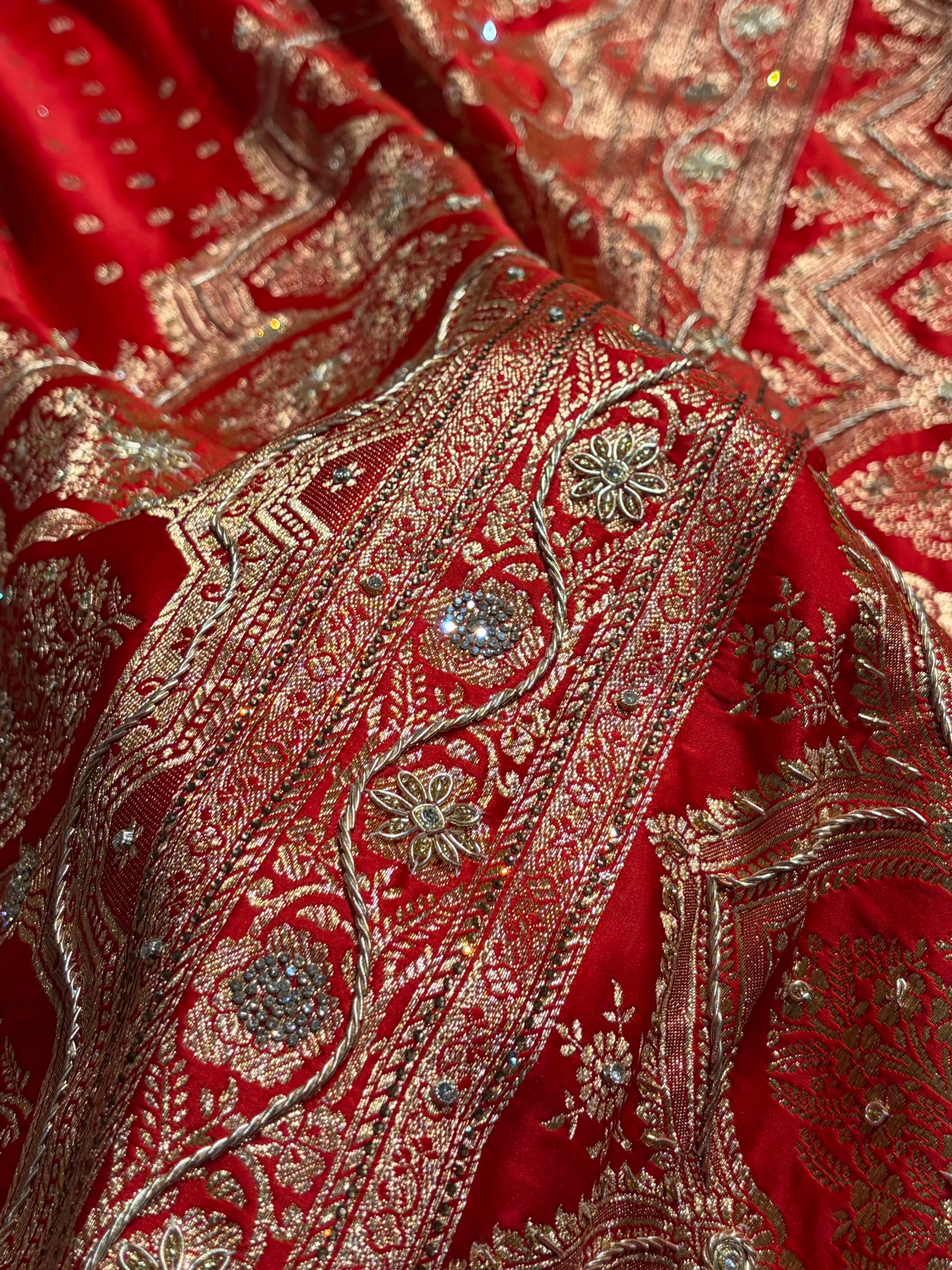 Banarasi Red Katan Silk Saree With Ari Zardozi and Swarovski stone work BSK01