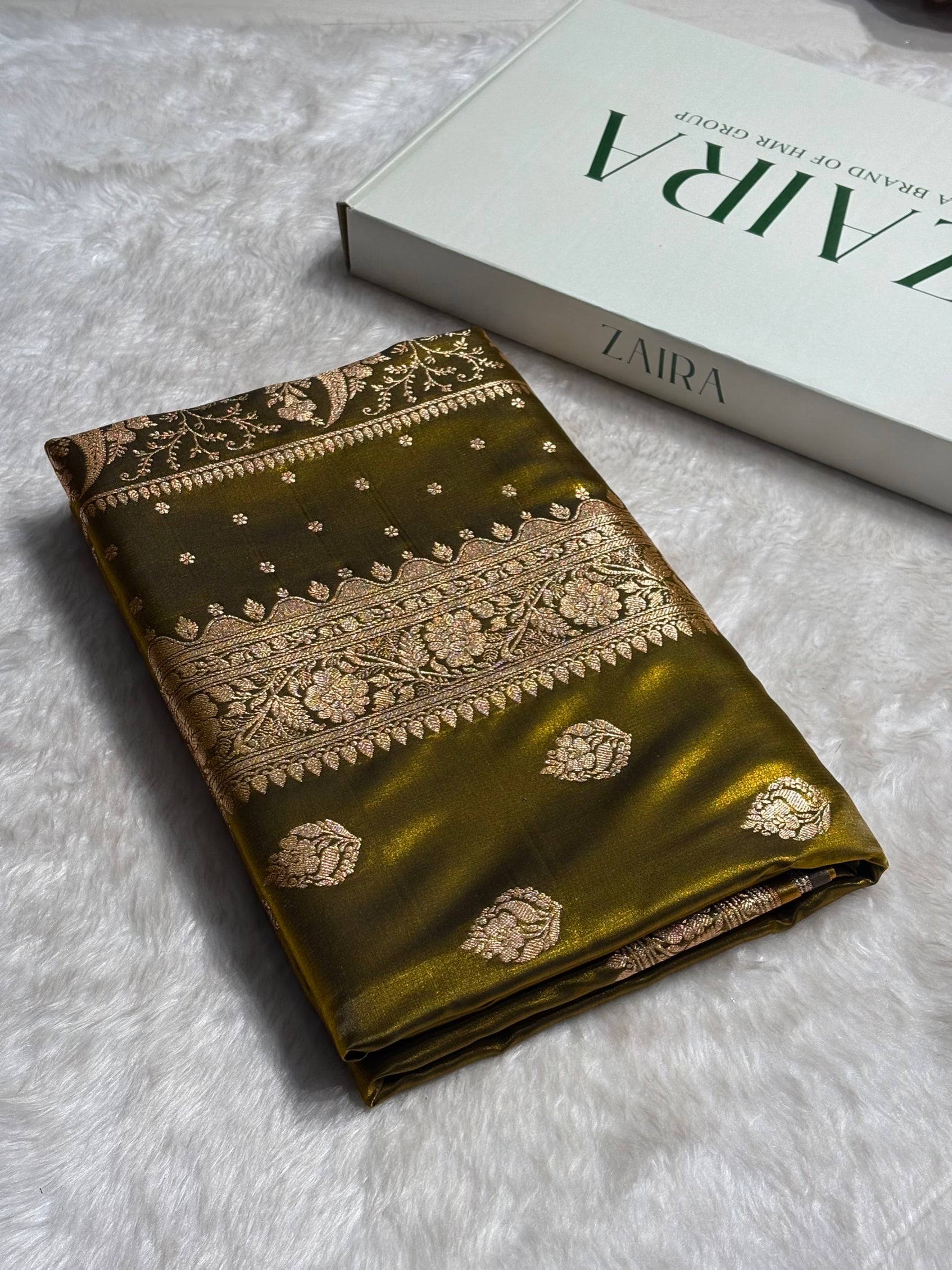 Satin Silk Saree Booti Motif in Mehendi Shades SS20