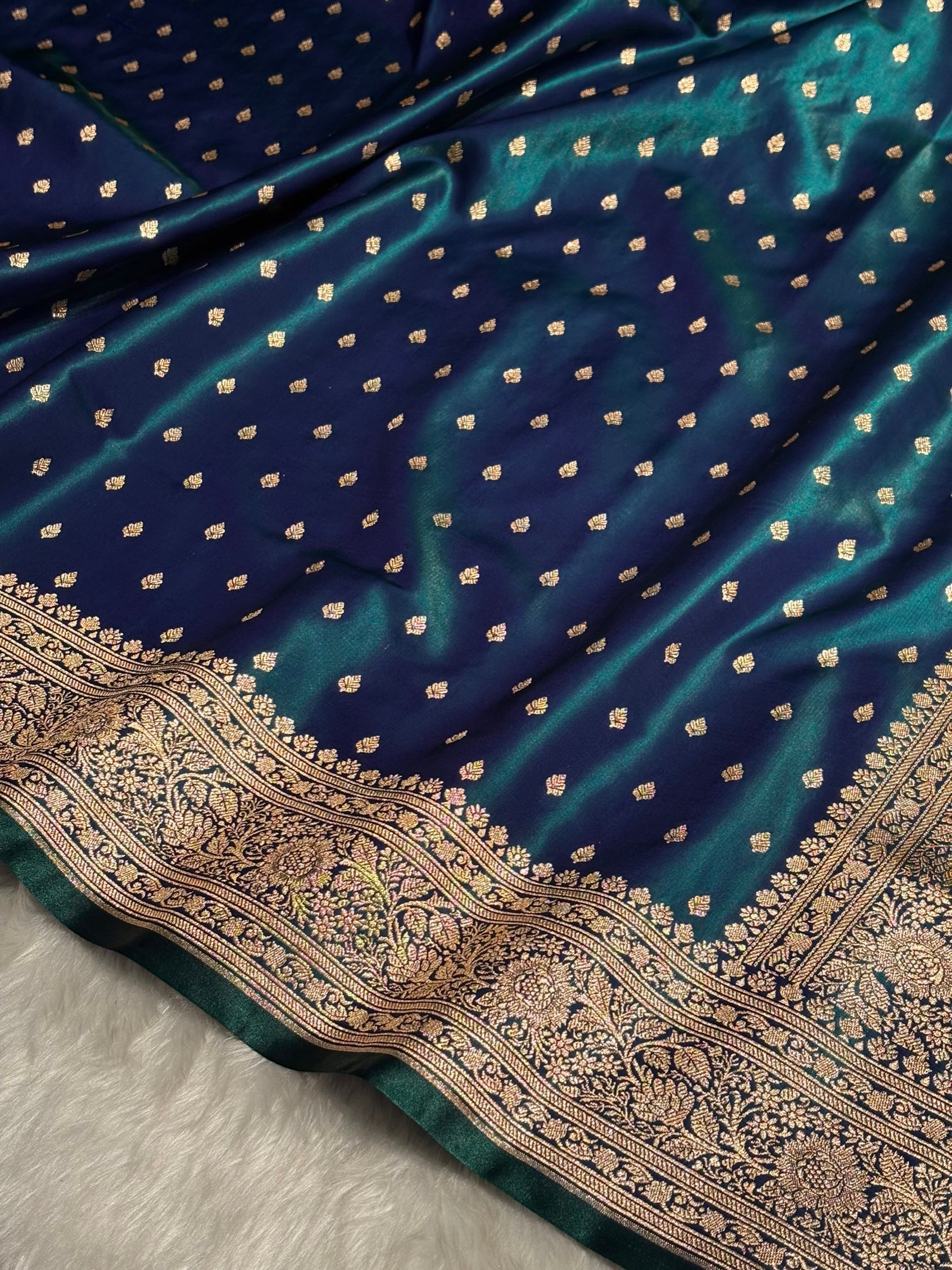 Ultra Light Weight Satin Silk Booti in Peacock Shades SS06