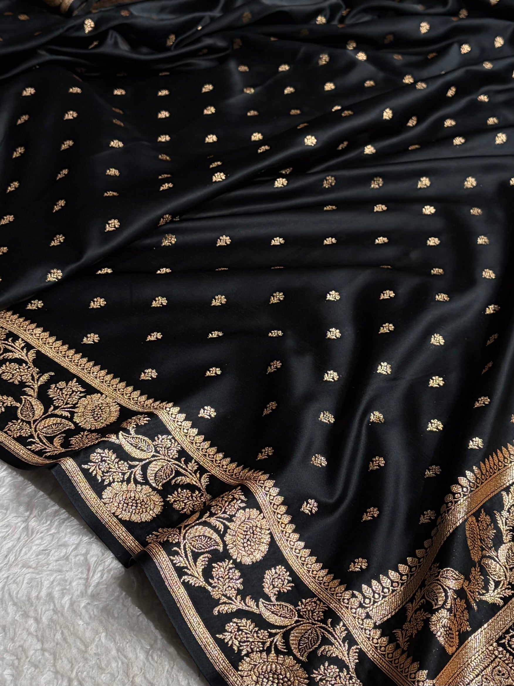 Black Floral Pattern Satin Katan Silk Saree SK77