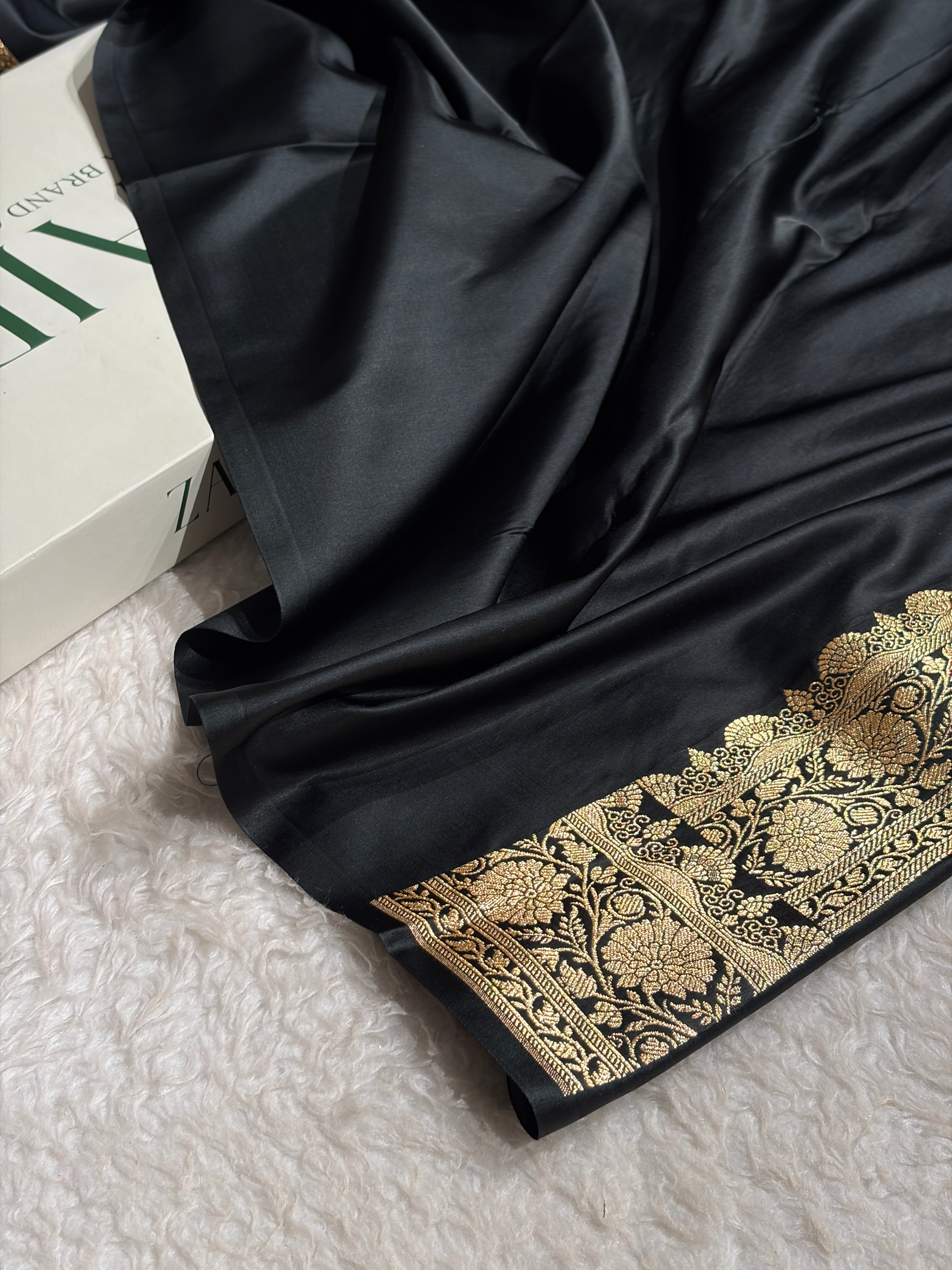 Black Floral Jaal Pattern Satin Katan Silk Saree SK43
