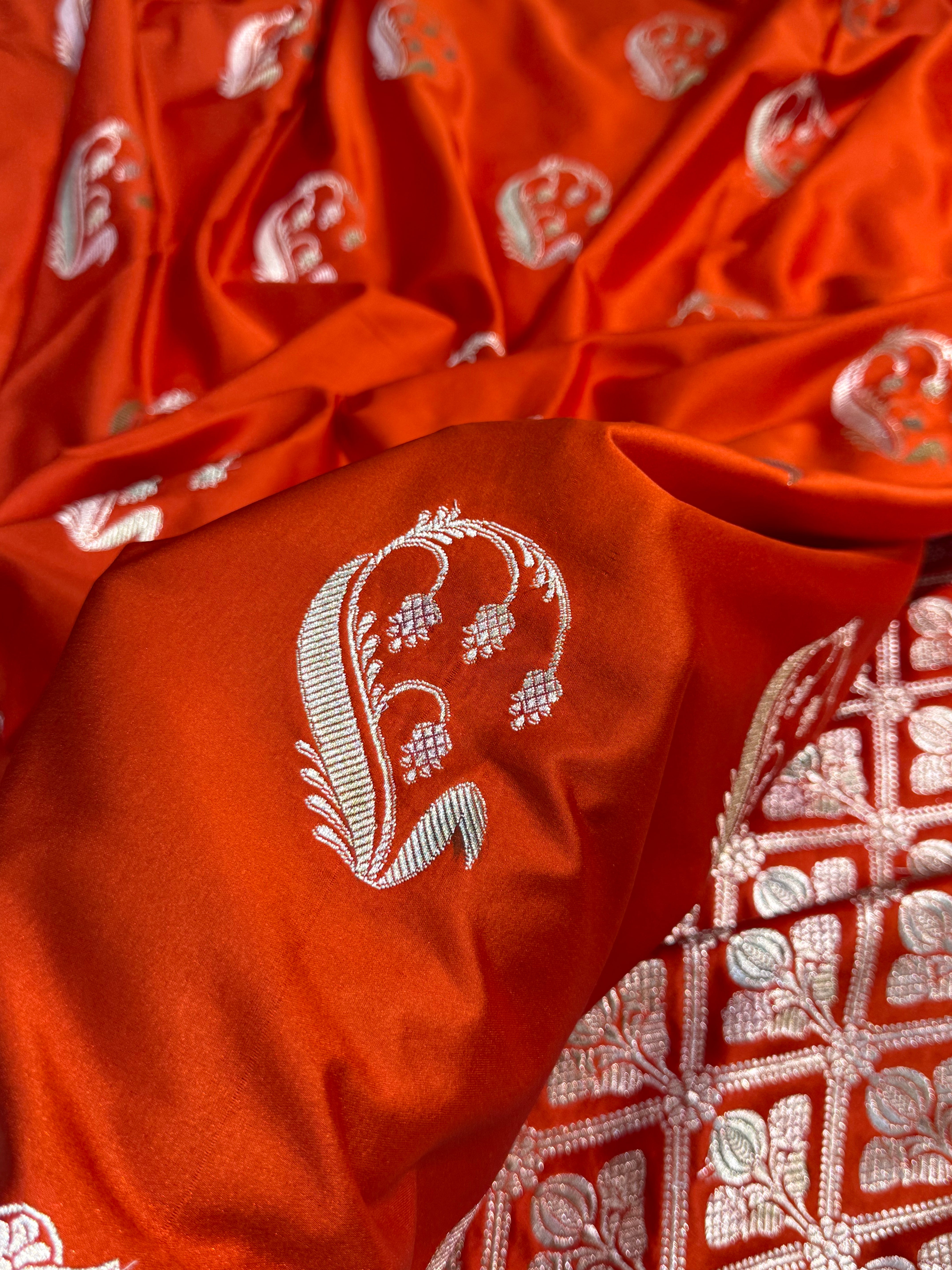 Rust Orange Unique Boota Motif Mashru Silk Saree
