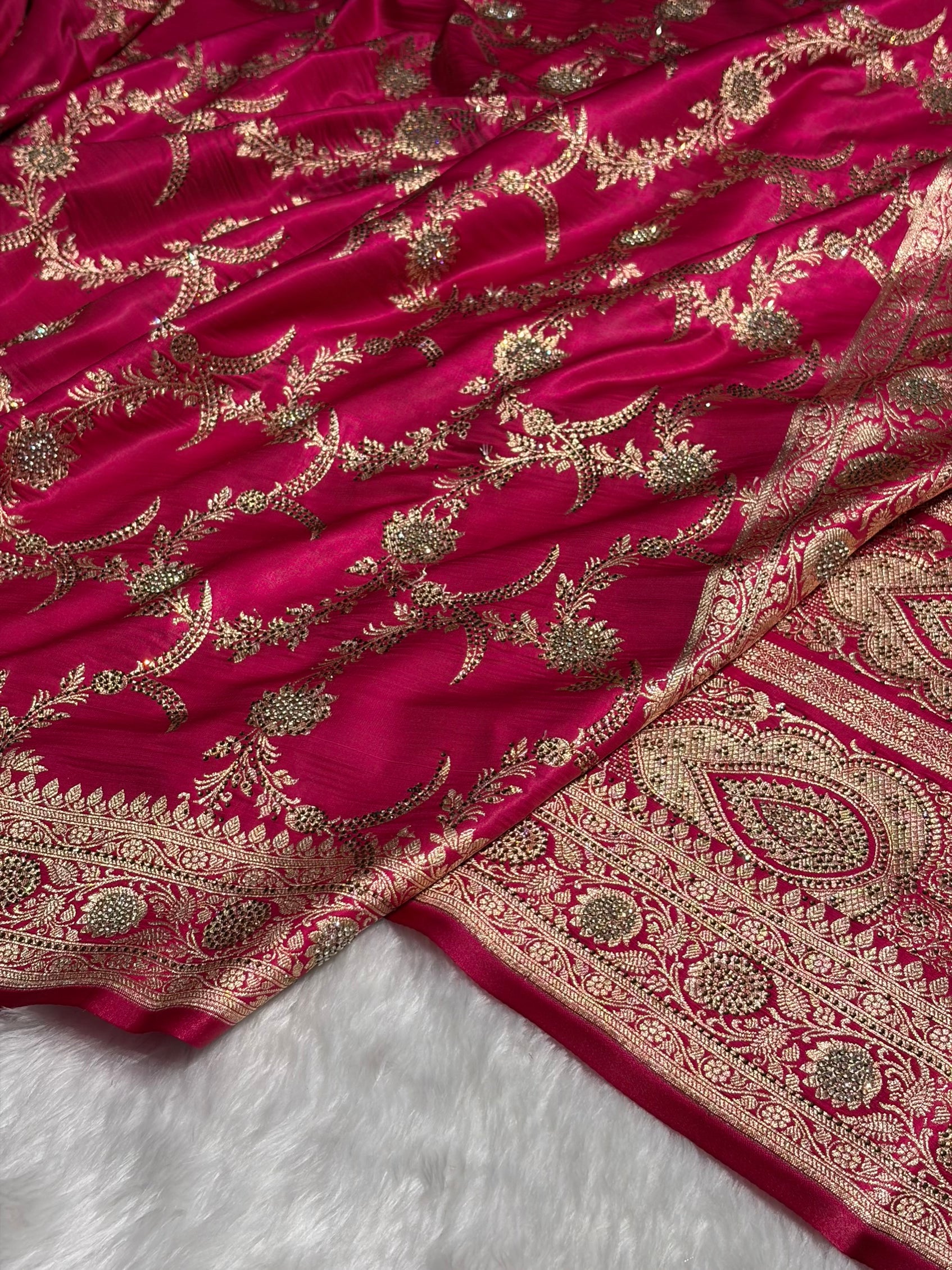 Rani Shades Swarovski Work Jaal Pattern Satin Silk Saree SS18