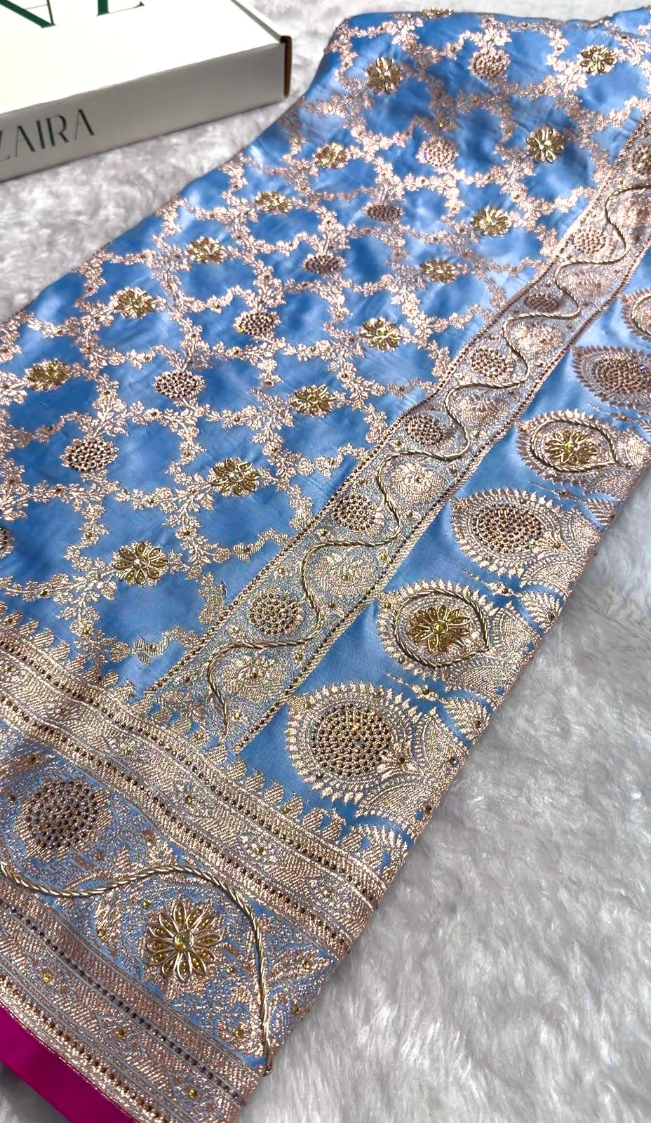 Nile Blue Jaal With Banarasi Swarovski and Zardozi Work Pattern Satin Katan Silk Saree BSK25