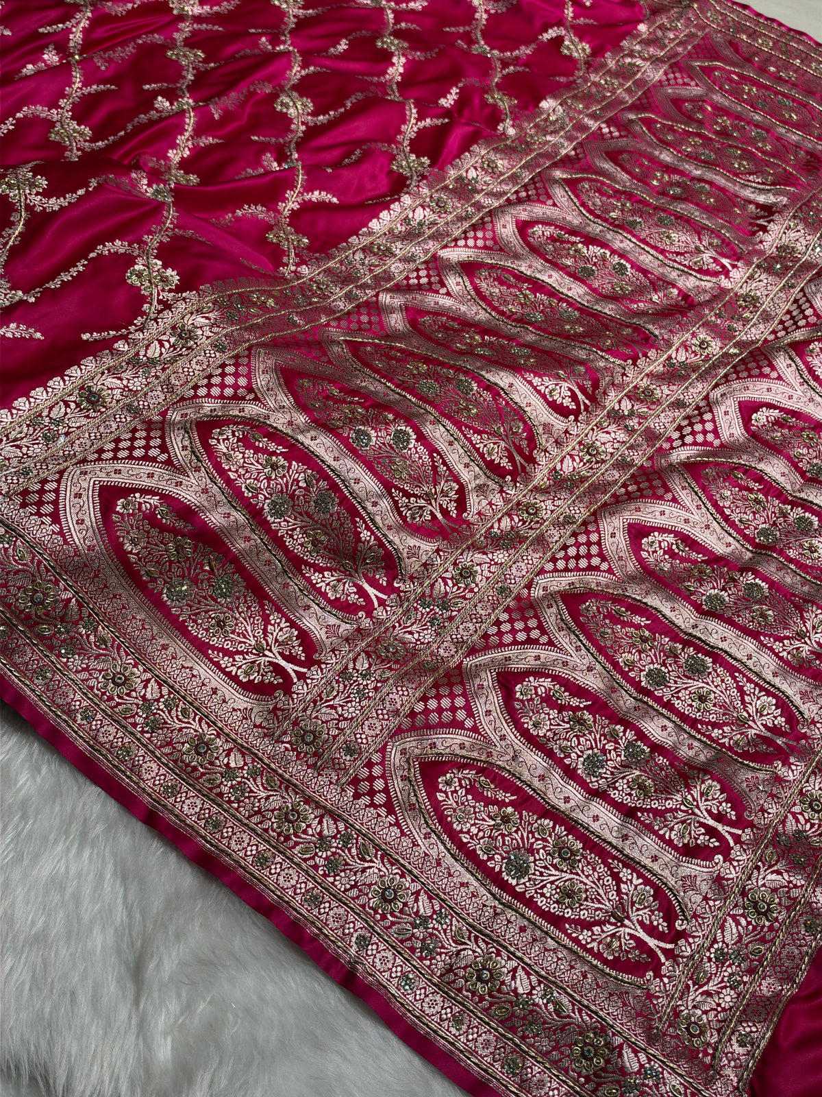 Bridal Rani Shades Banarasi Jaal With Zardozi Work Mashru Silk Saree BMSM-127