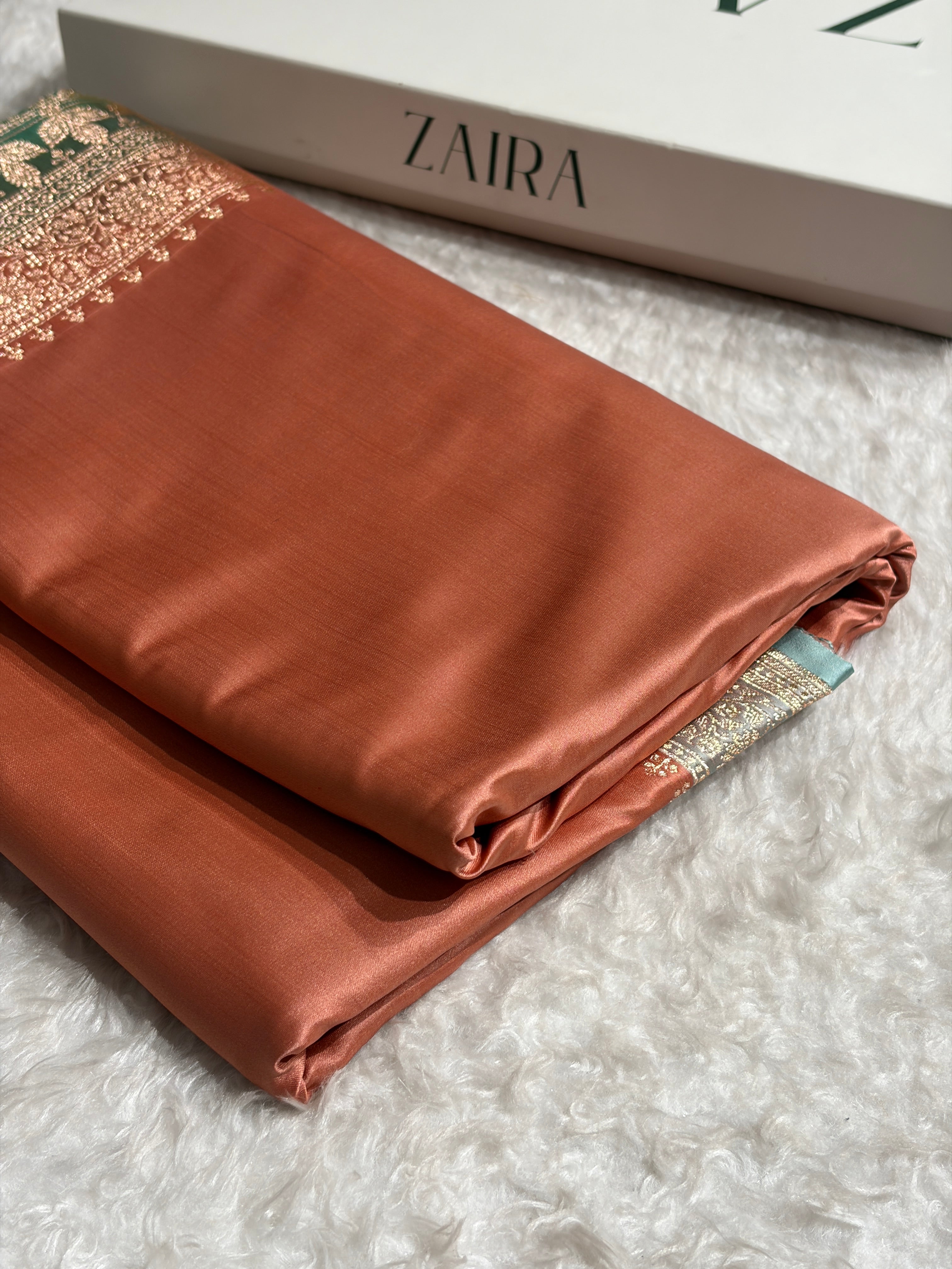 Banarasi Satin Katan Saree in Contrast Dusty Peach and Turquoise Shades SK131