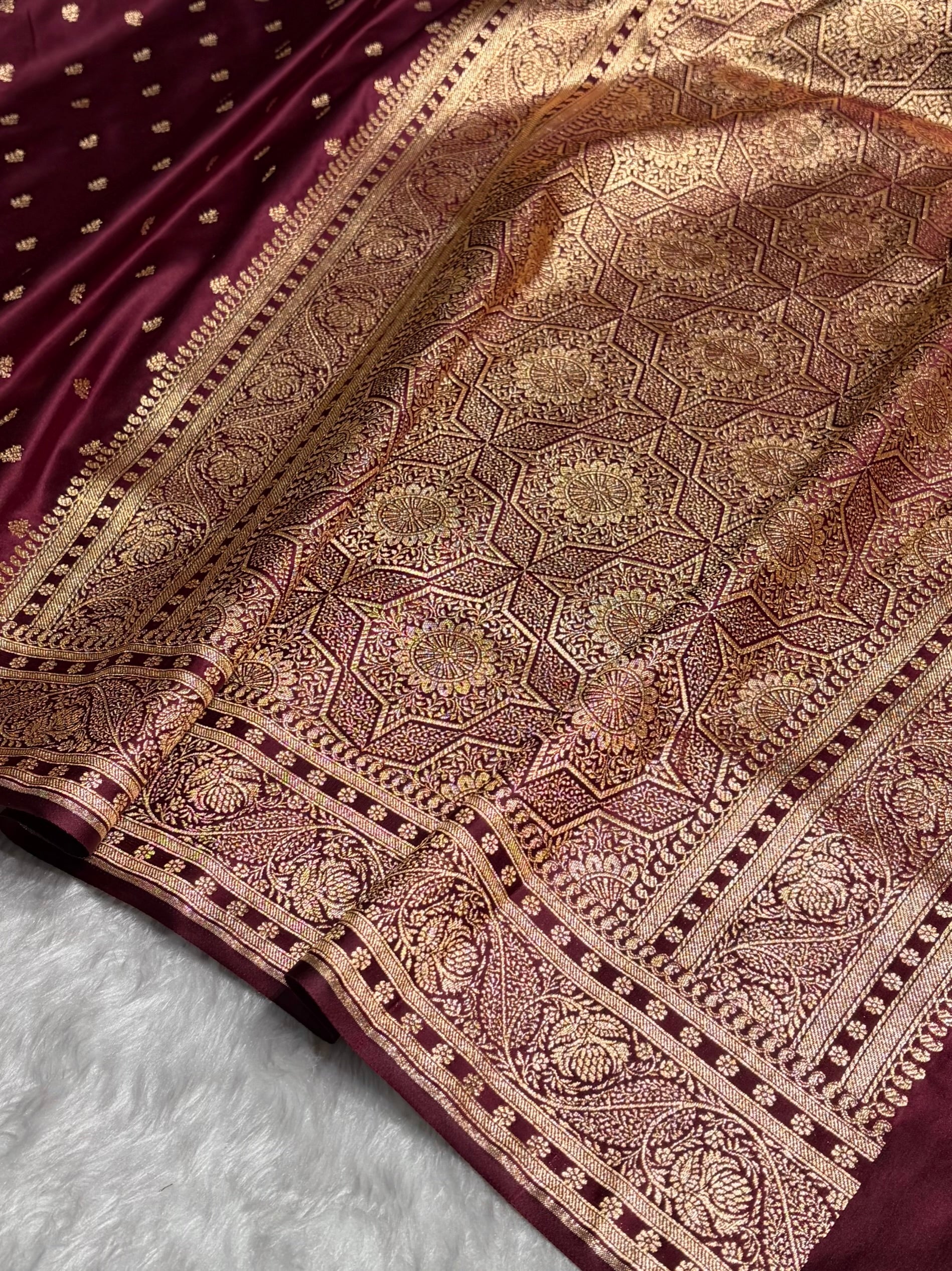 Garnet Floral Pattern Satin Katan Silk Saree SK78